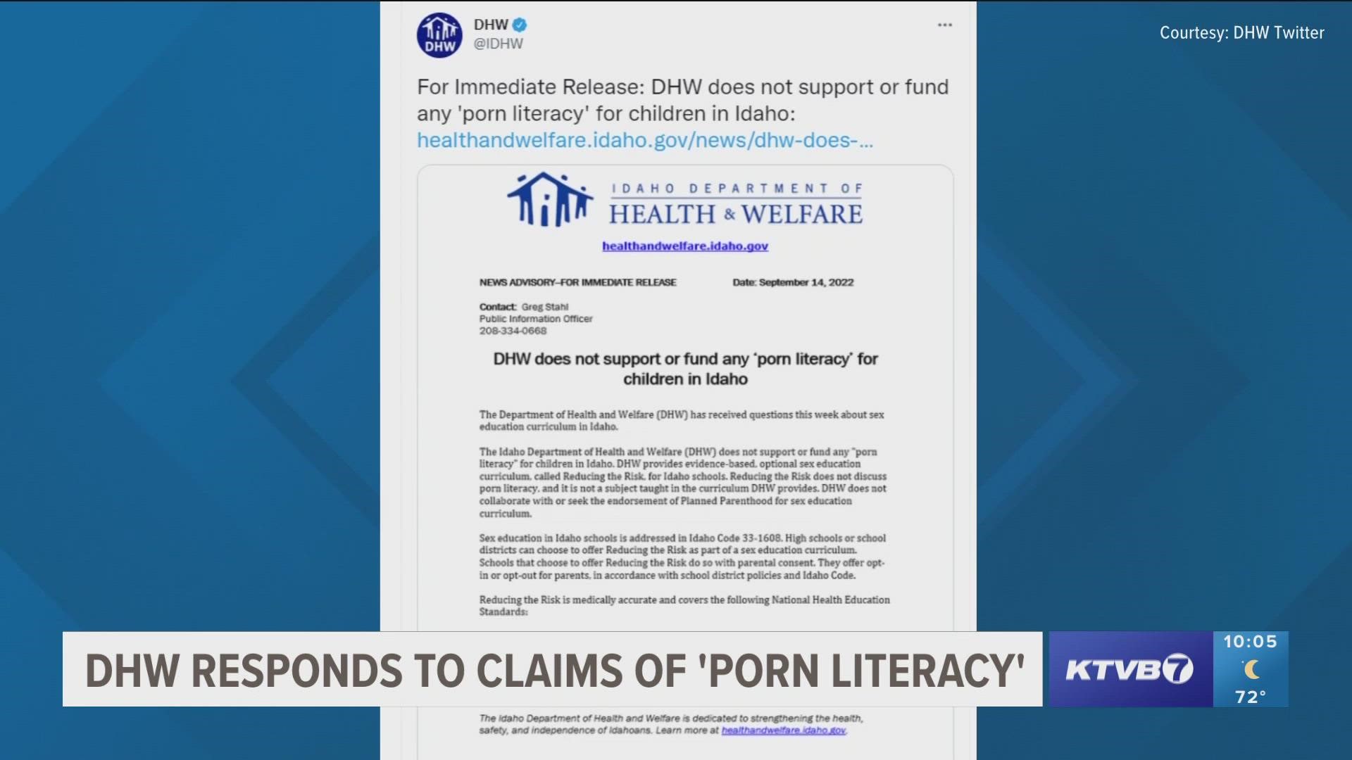 IDHW issued a statement on sex education in schools saying it does not support “porn literacy,” instead provides evidence-based, optional sex education to students.