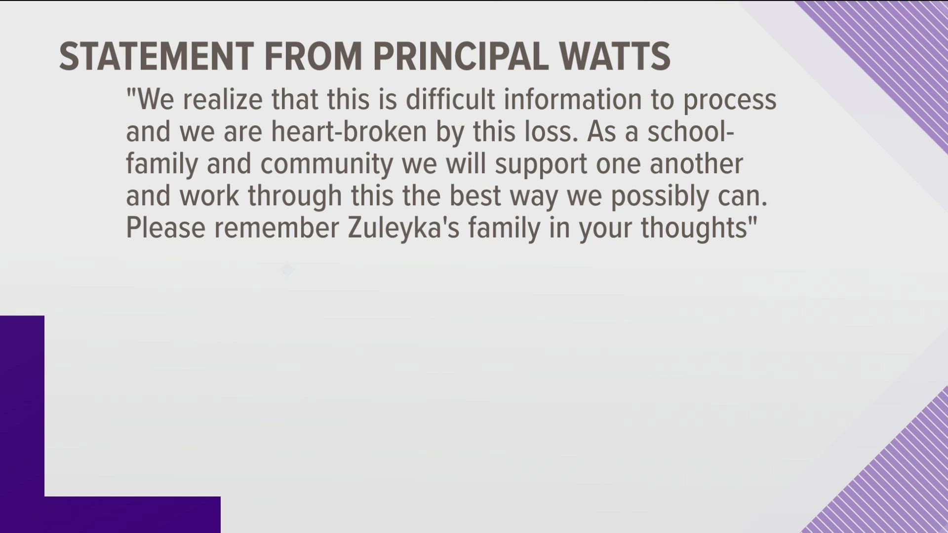 Principal Deborah Watts sent an email to parents, stating the student died yesterday and offering mental health assistance to the school community.