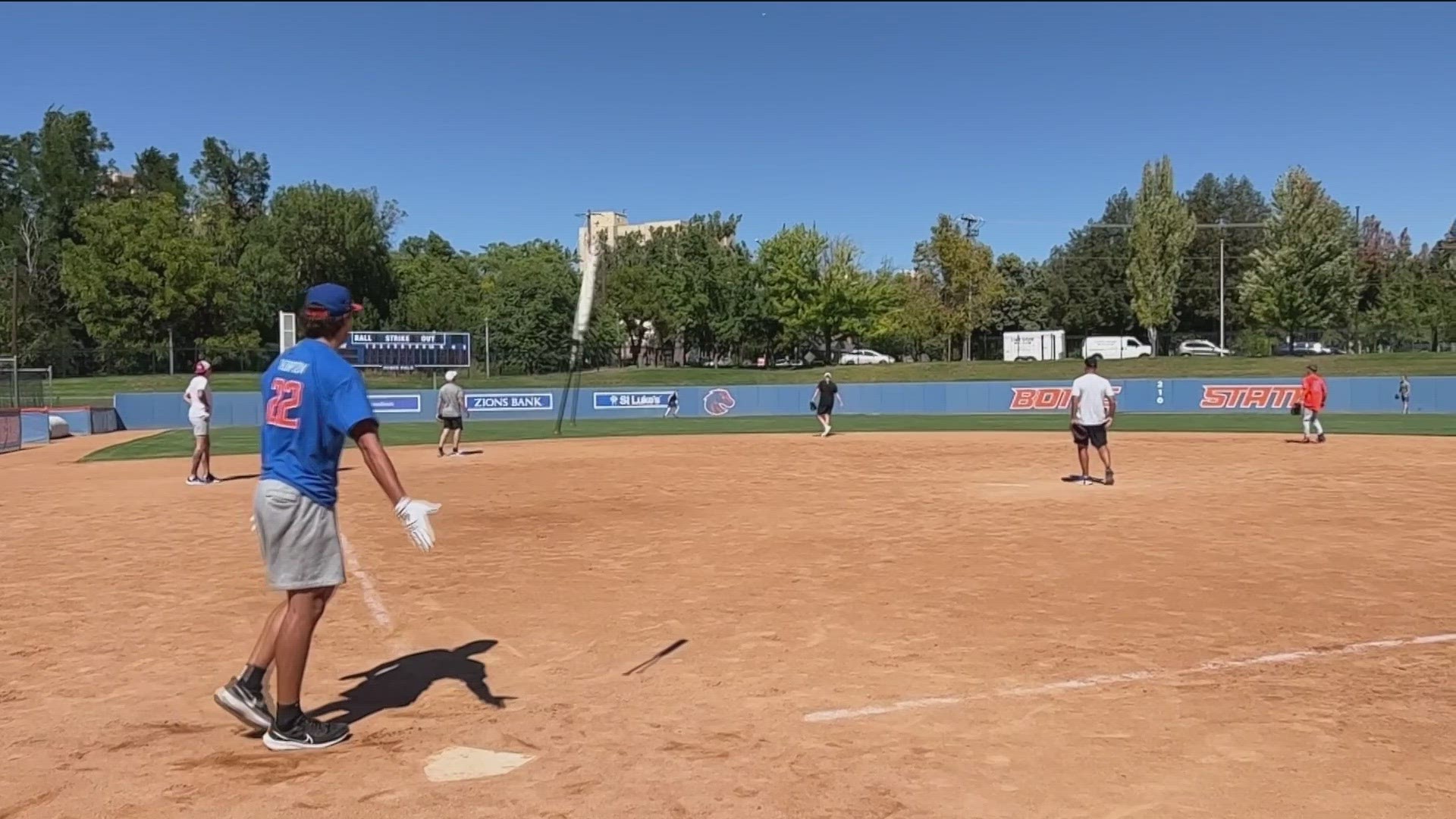 Check out the bat flip from Tyson Degenhart! It took extra innings to decide the Boise State Men's Basketball Softball Classic, but the players got the 19-16 win.