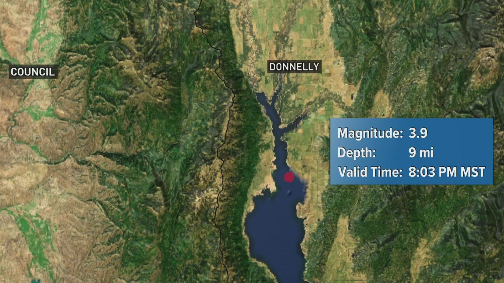 A magnitude 3.9 earthquake struck just after 8 p.m. Saturday, roughly 6.8 miles south of Donnelly, the U.S. Geological Survey reports.