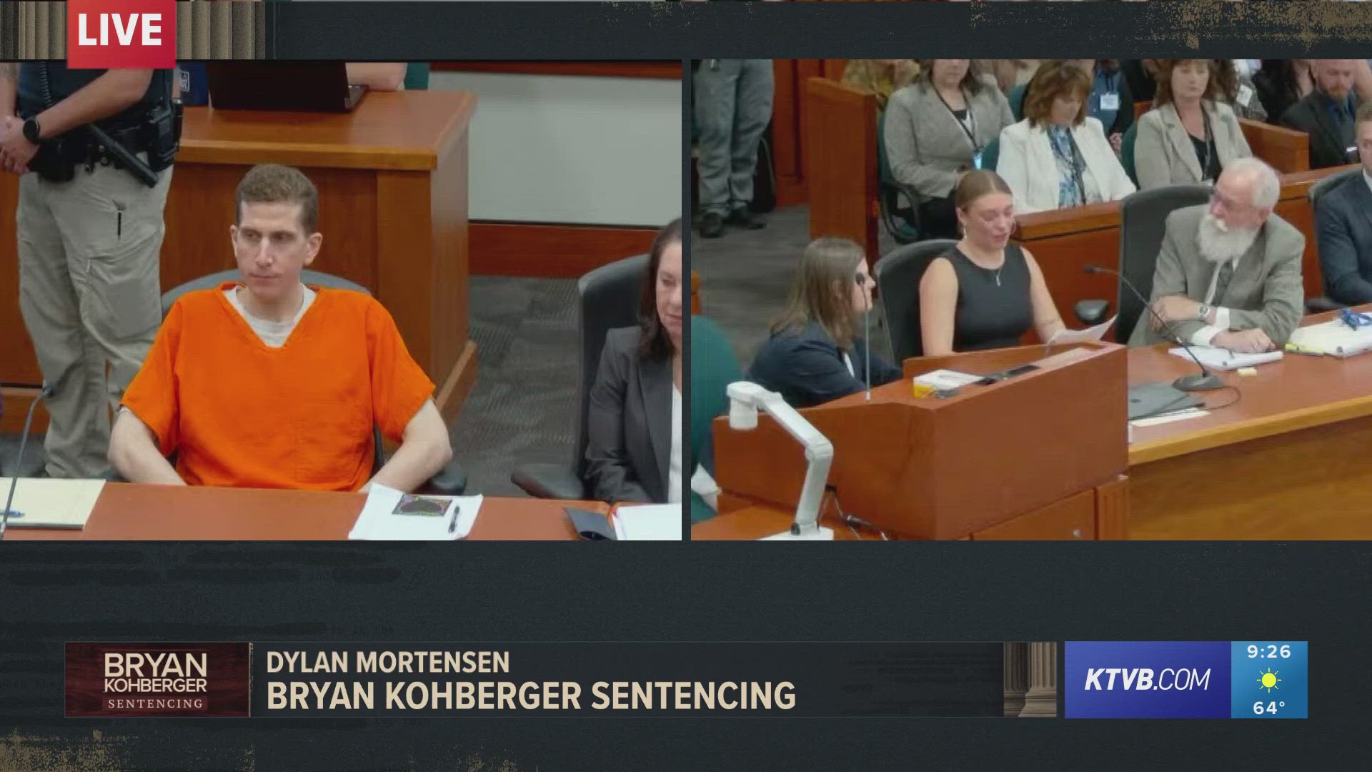 Dylan Mortensen reads a statement in court at Bryan Kohberger's sentencing.