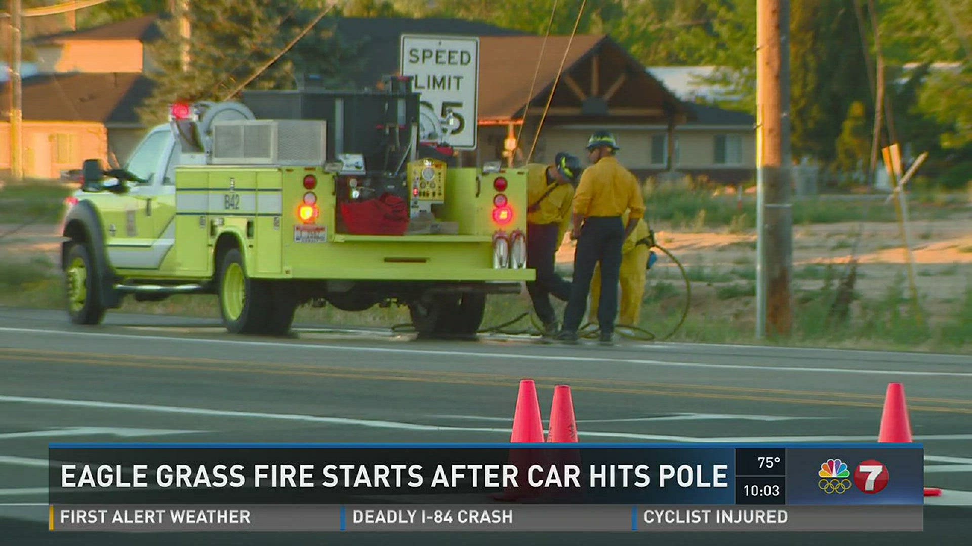 Car hit power pole sparking grass fire, power outage