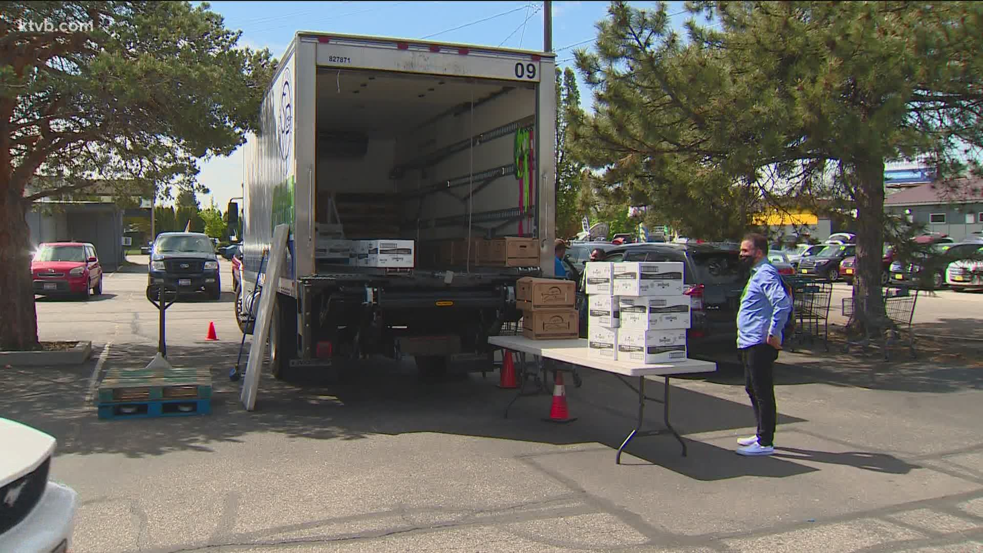 In celebration of Idaho Gives, a mobile food pantry with boxes of staple grocery items was available for anyone in need.