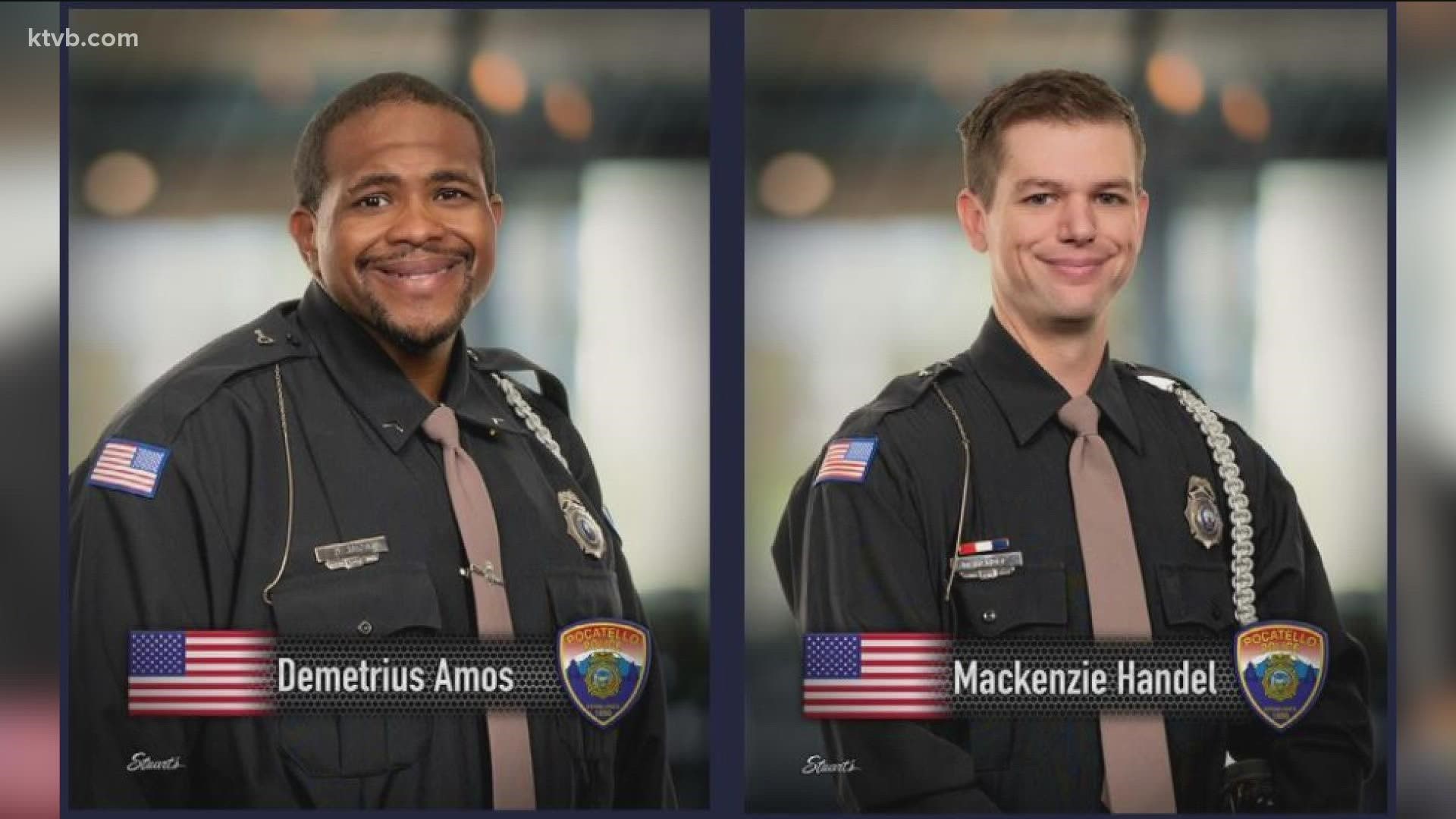 Officers Demetrius Amos and Mackenzie Handel were wounded after responding to a home blocks from the police station for a report of a disturbance.