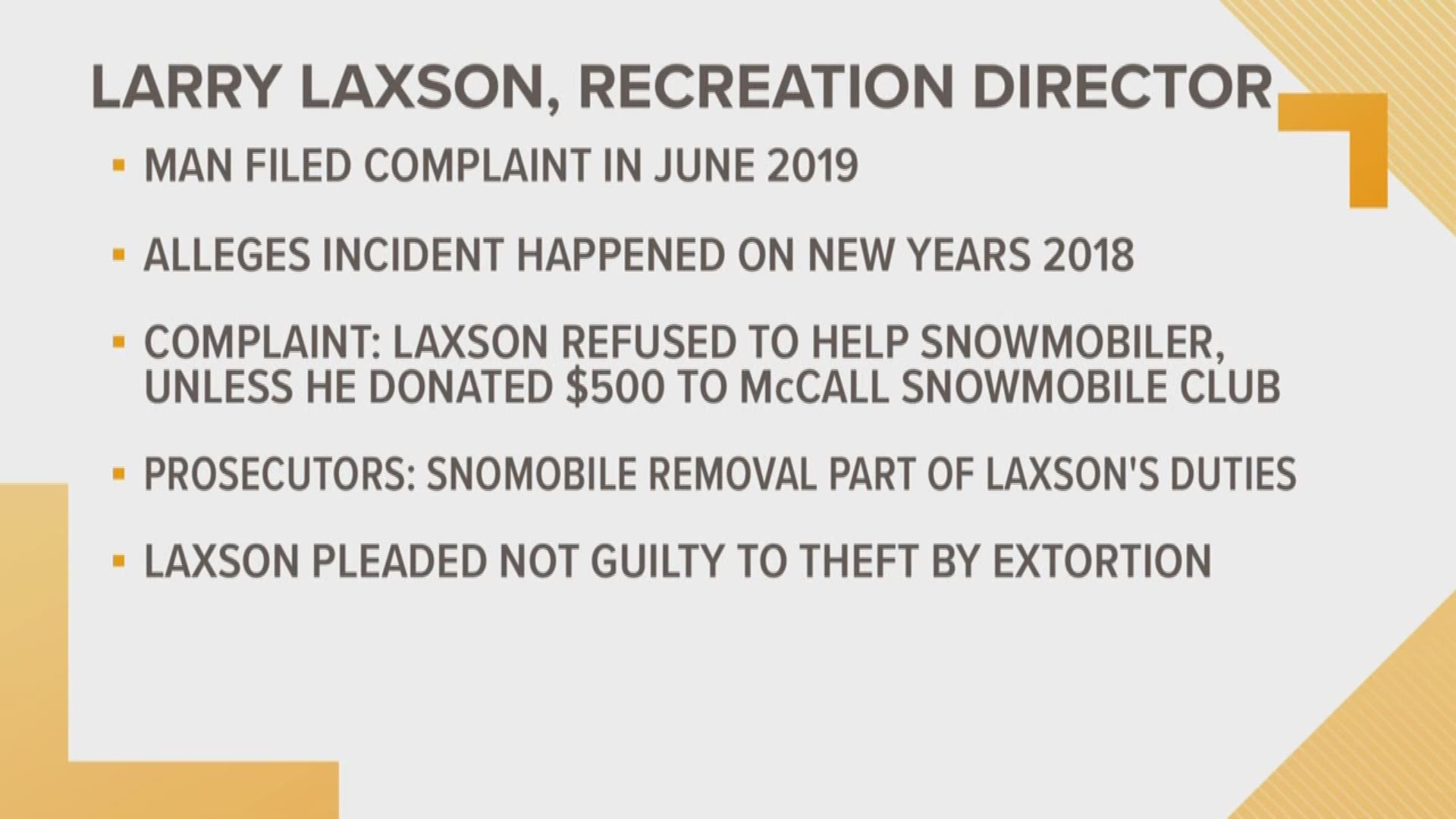 A Valley County employee is facing a criminal charge after investigators say he demanded a $500 donation before he would help a man whose snowmobile was stuck on a trail. Valley County Recreation Director Larry Laxson was charged in June with a misdemeanor count of theft by extortion.