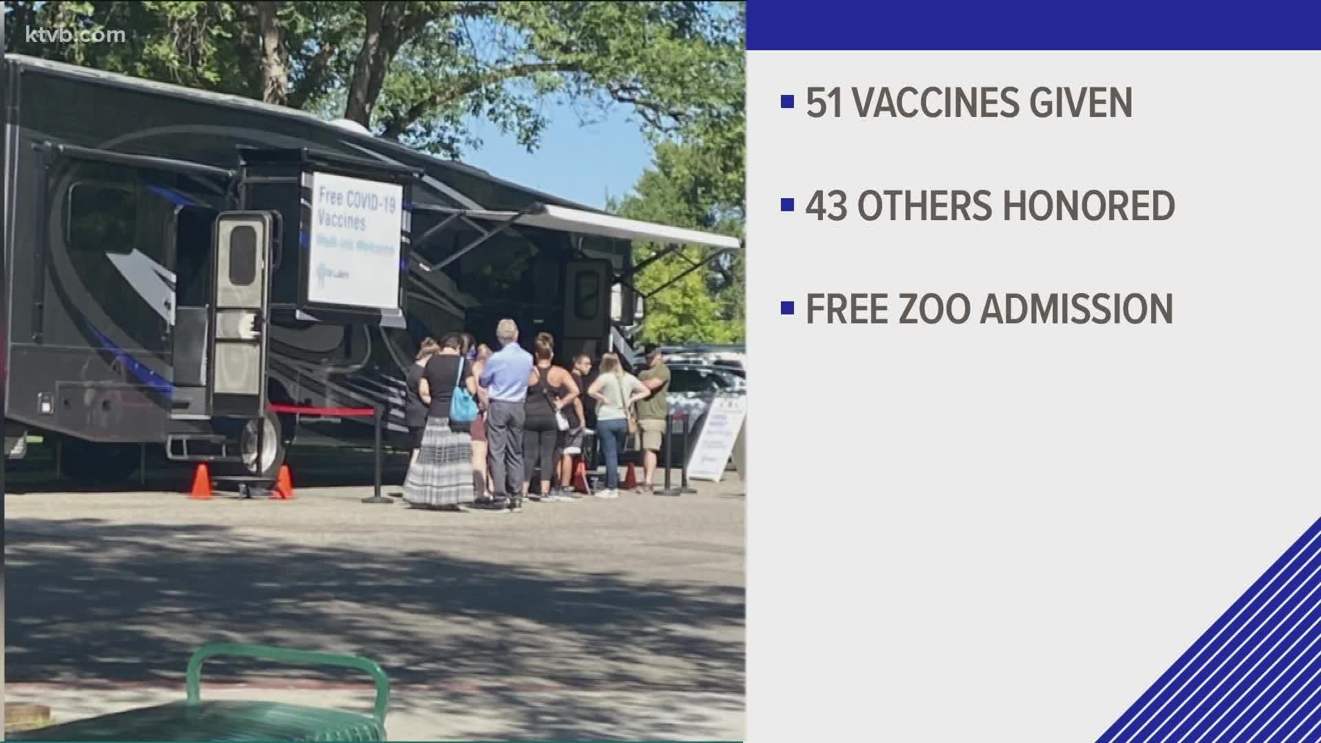43 people who received a COVID-19 vaccine at another location on Saturday were also given free admission to Zoo Boise.