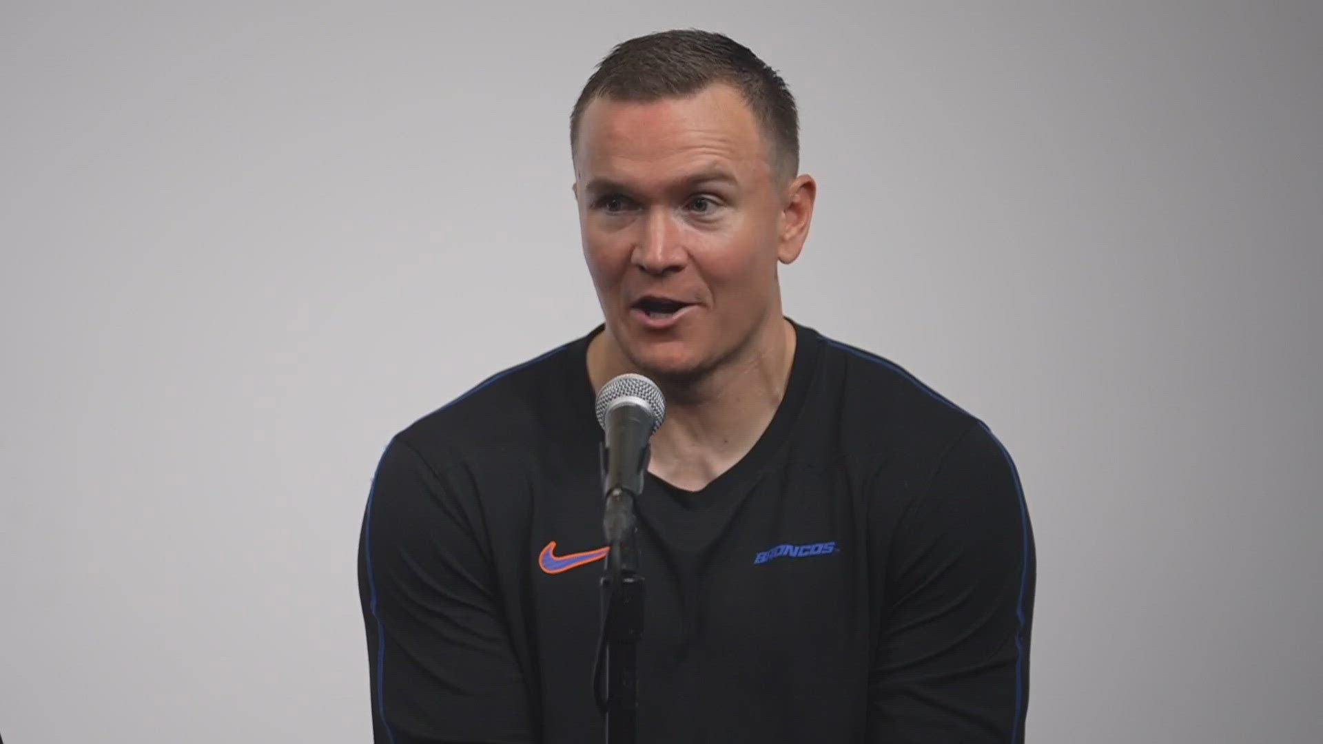 Head coach Spencer Danielson, quarterback Maddux Madsen and safety Alexander Teubner meet with the media in Las Vegas following Boise State's 29-24 win over UNLV.