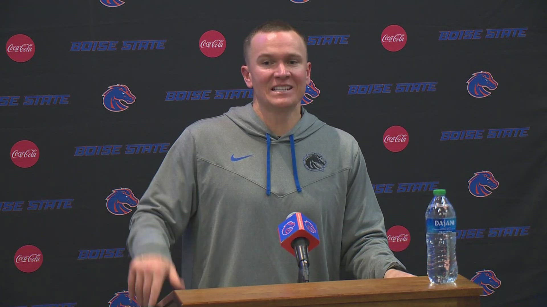 Boise State interim head coach Spencer Danielson meets with the media to discuss Friday's regular-season finale against Air Force and the win over the Aggies.