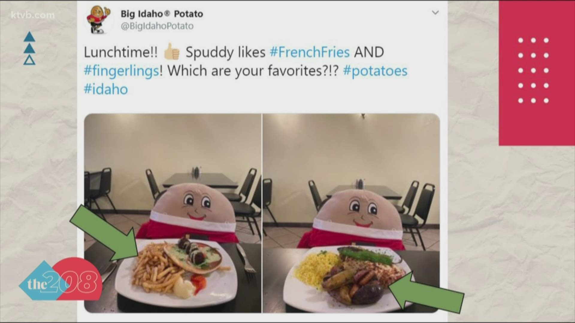 The official mascot for the Idaho Potato Commission was seen eating two different kinds of taters for lunch over the weekend.