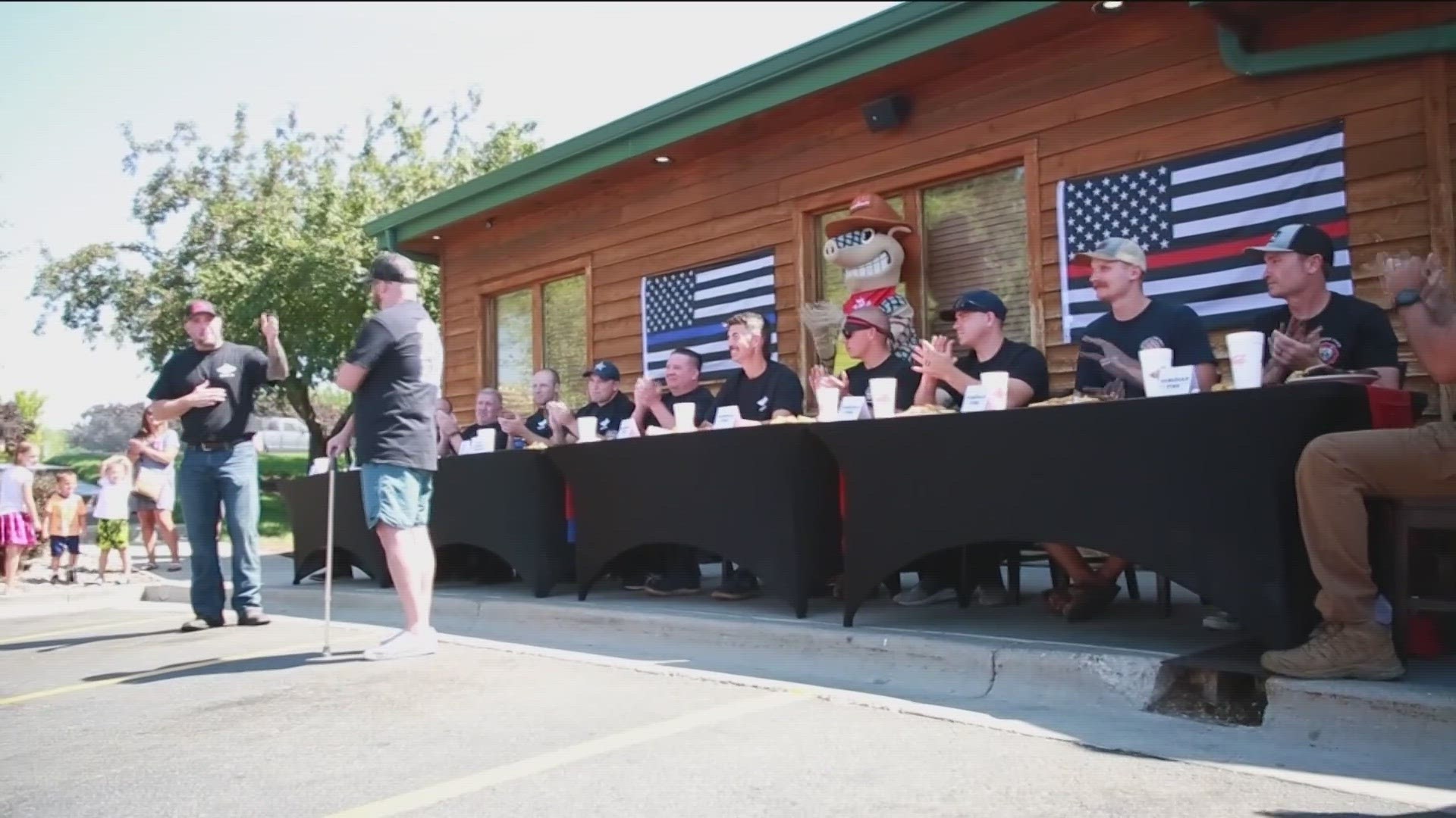 The Meridian Texas Roadhouse brought police and firefighters together for a contest and fundraiser for Deputy Todd Nelson, who was stabbed in the line of duty.