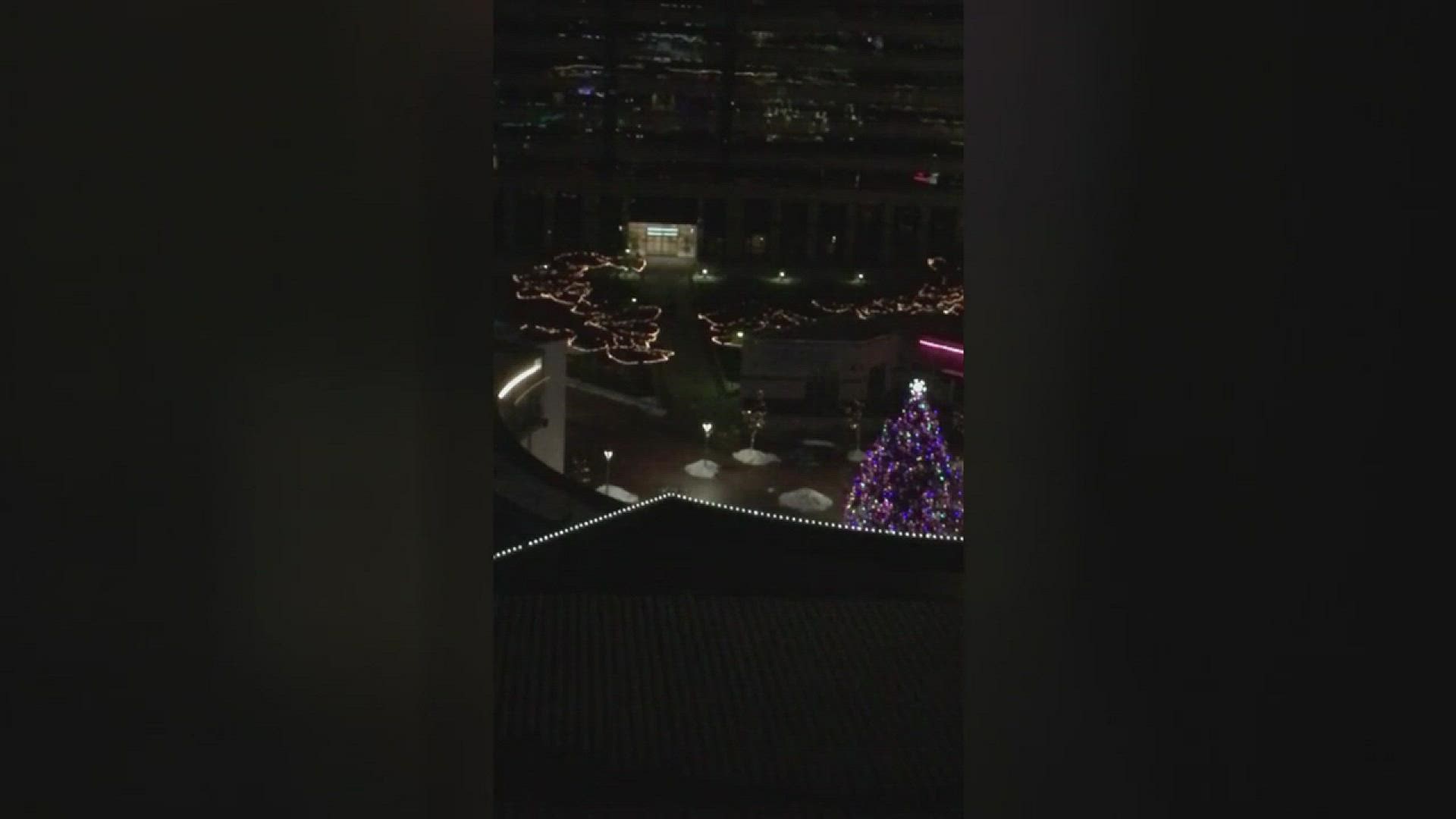 Video captured by Walton shows the massive Christmas tree swaying as the culprit climbs higher and higher. Then, the glowing star blinks off.