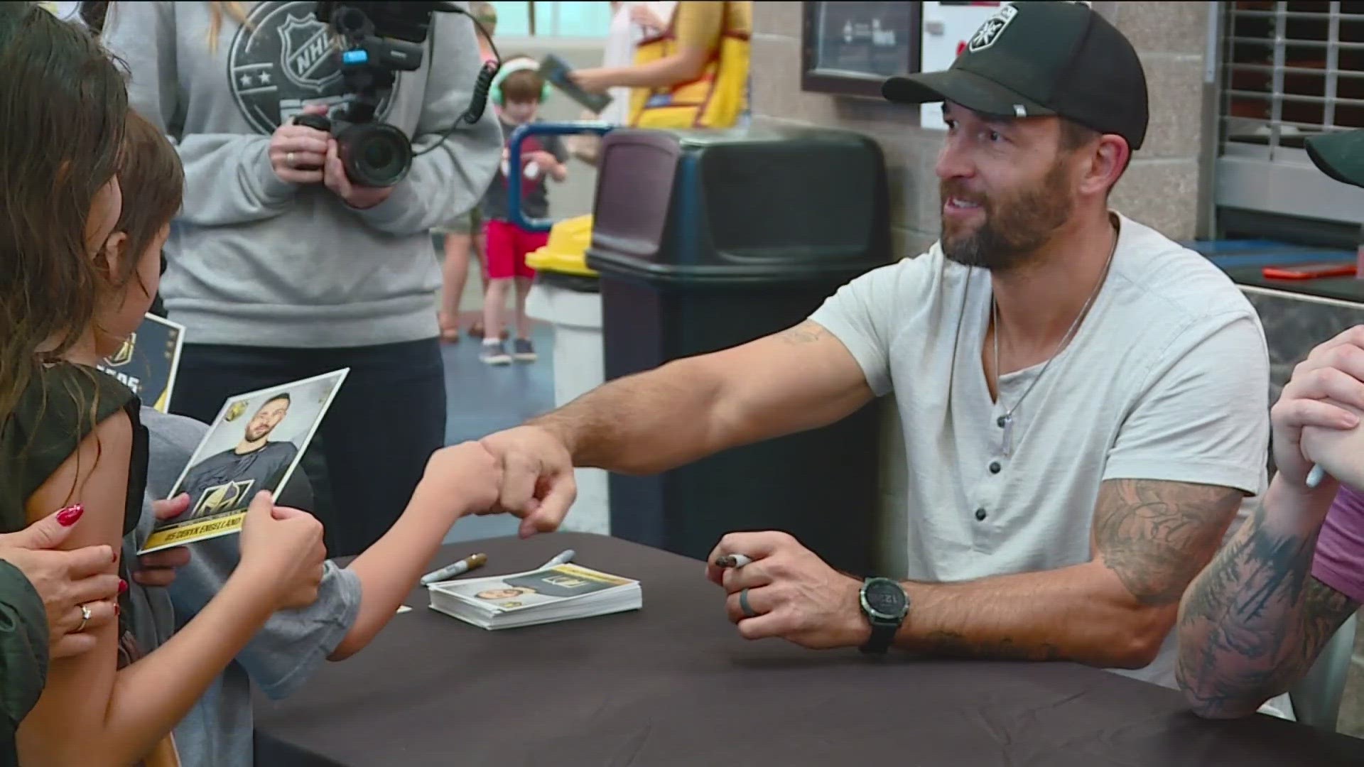 Logan Thompson and Deryk Engelland spent Tuesday morning teaching kids in a hockey clinic and signing autographs as part of the 2023 VGK Road Trip.