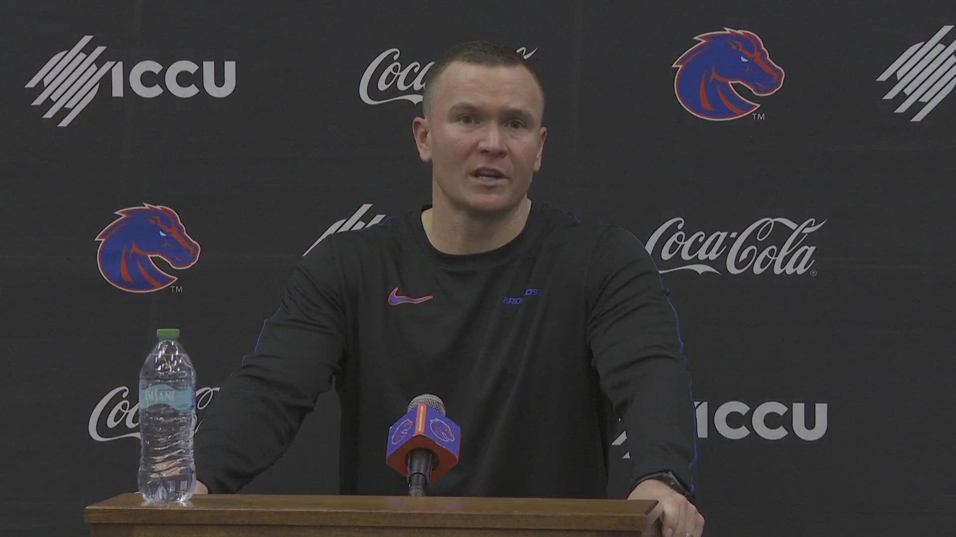 Head coach Spencer Danielson meets with the media Monday ahead of Boise State's collision with UNLV for the Mountain West crown at Albertsons Stadium.