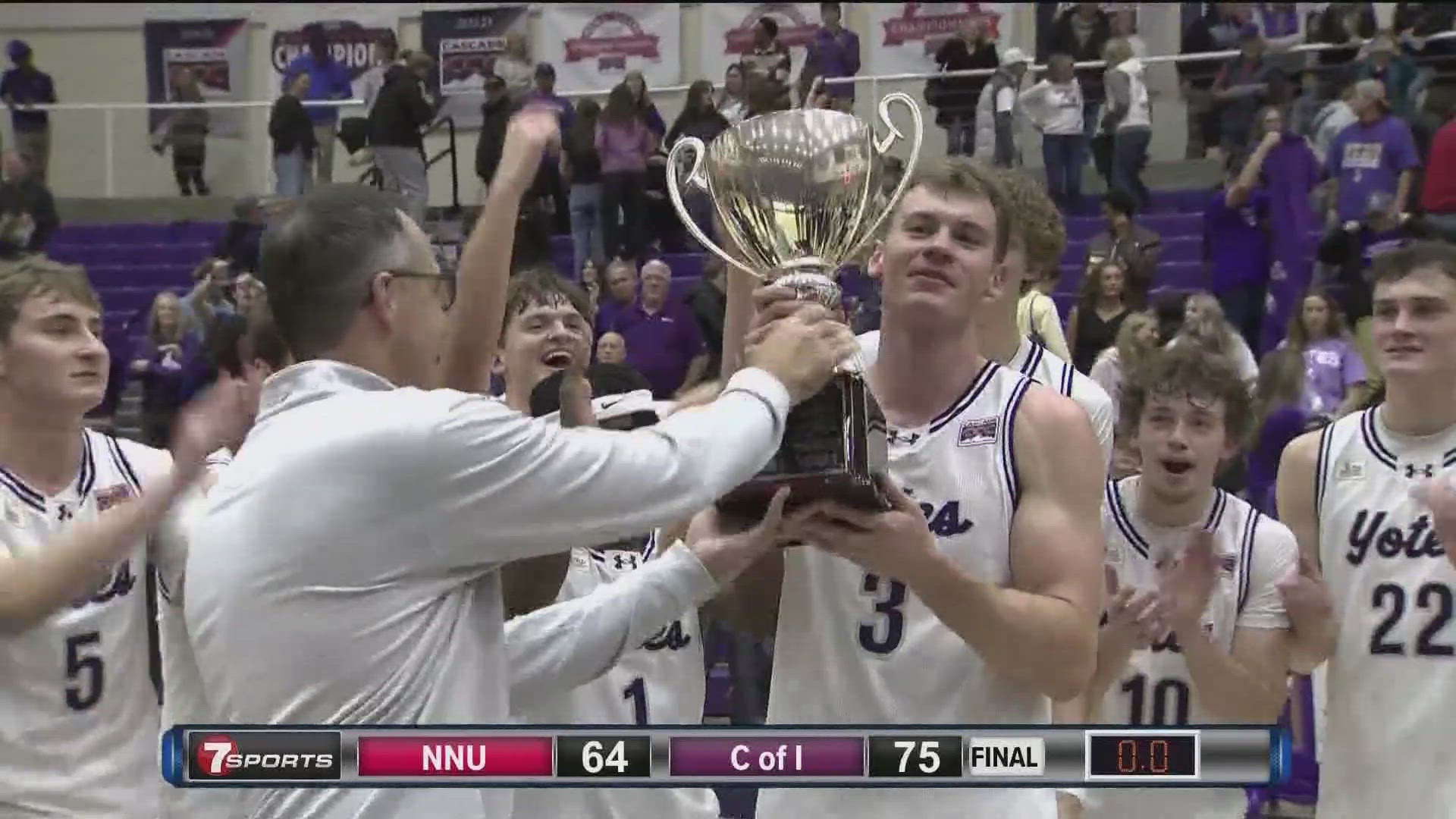 Alex Germer and Connor Sheets led the defending national champion Yotes to a 75-64 win over NNU in front of nearly 1,800 fans at J.A. Albertson Activities Center.