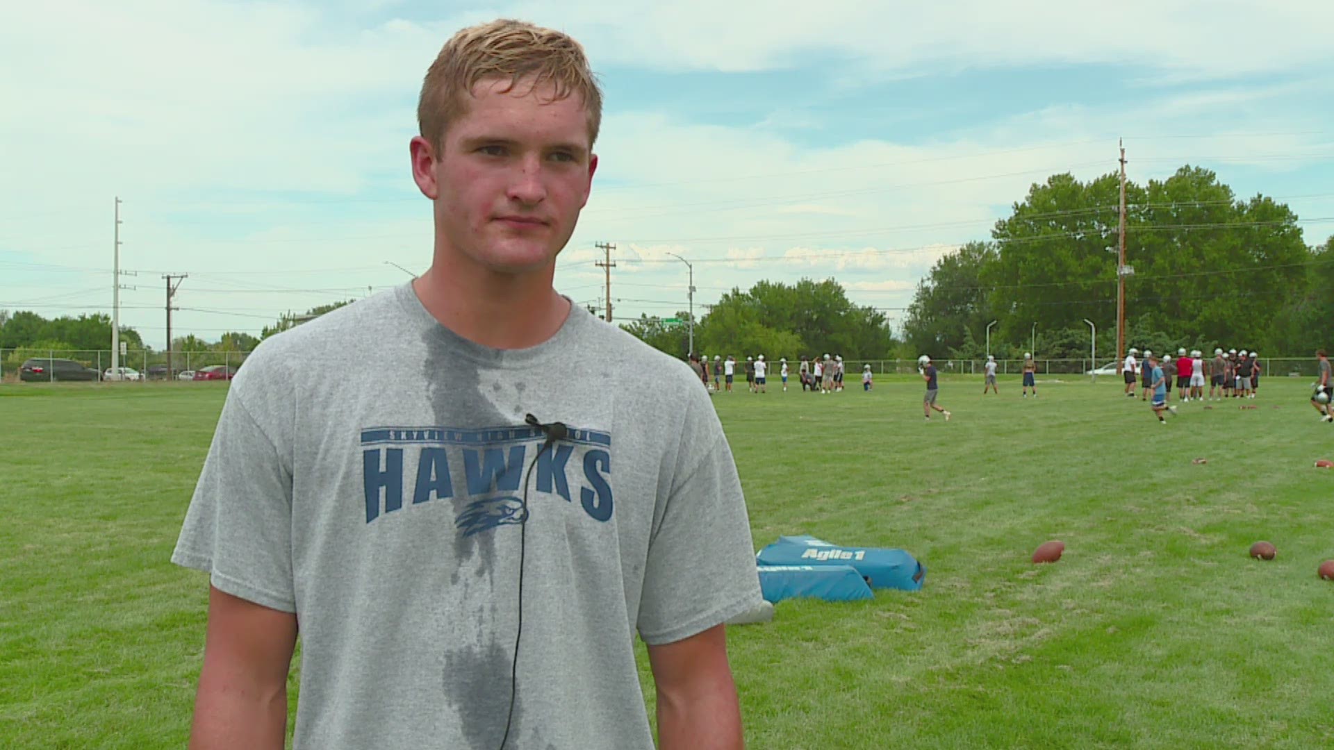 Skyview High School senior wide receiver and tight end Mason Perrine is the only starter returning to the Hawks' offensive line for the 2019 season.