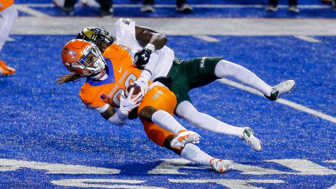 BOISE, ID - NOVEMBER 12: Boise State Broncos safety Tyreque Jones (21)  smiles during a college football game between the Wyoming Cowboys and the  Boise State Broncos on November 12, 2021, at