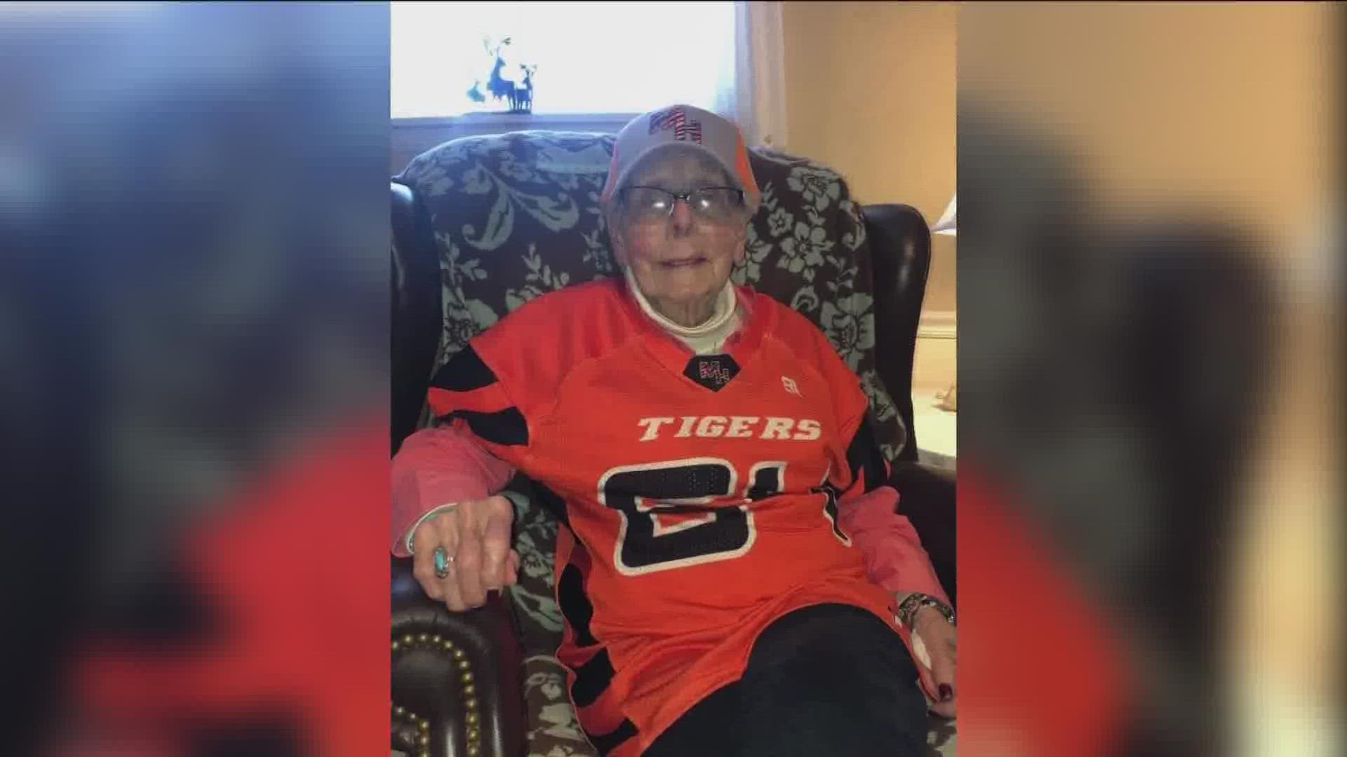 Sally Pyburn has lived in Mountain Home for fifty years, and she's a big fan of the Tigers. She was a guest of honor at a recent game, inspiring everyone.