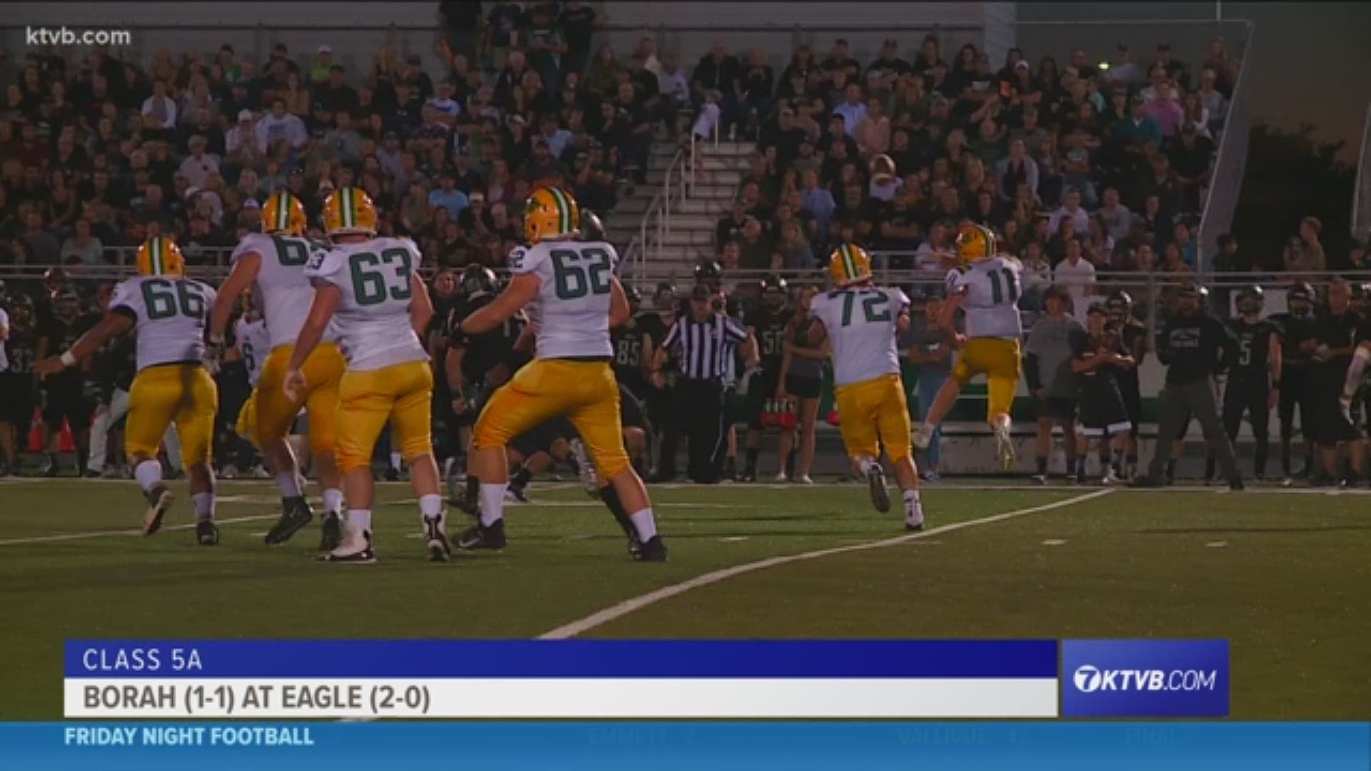 In this Class 5A  week three match up, the Borah Lions played the Eagle Mustangs with Utah State offensive coordinator Mike Sanford in attendance. The Mustangs would go onto win 29-13.
