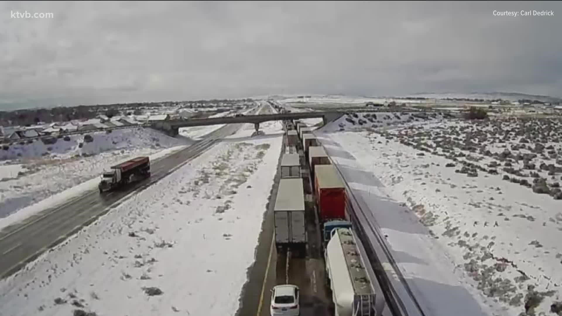 ISP is investigating a collision on I-84 involving three semis, two pickup trucks, two passenger cars, and a utility truck. One person died on scene of the incident.