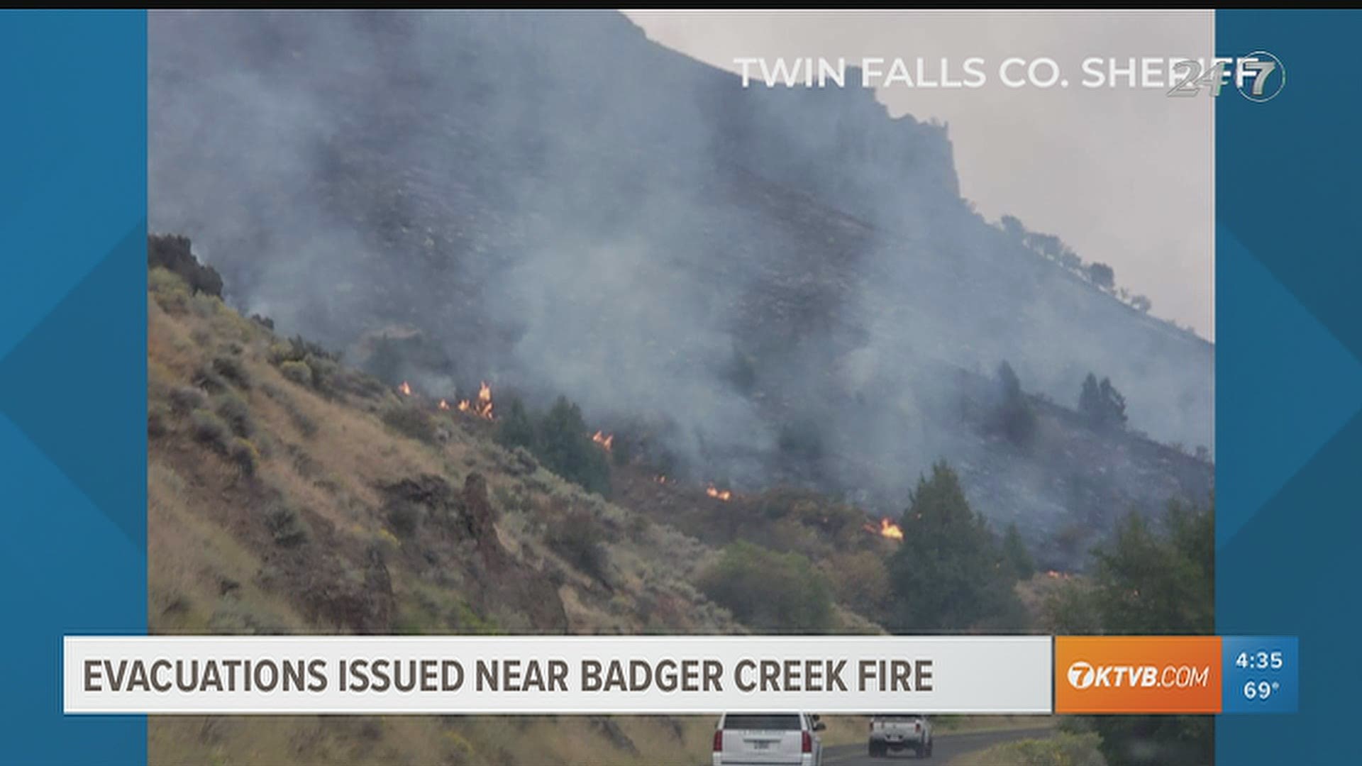 The fire is burning thousands of acres southeast of Twin Falls. Windy conditions are hampering the firefighting efforts.