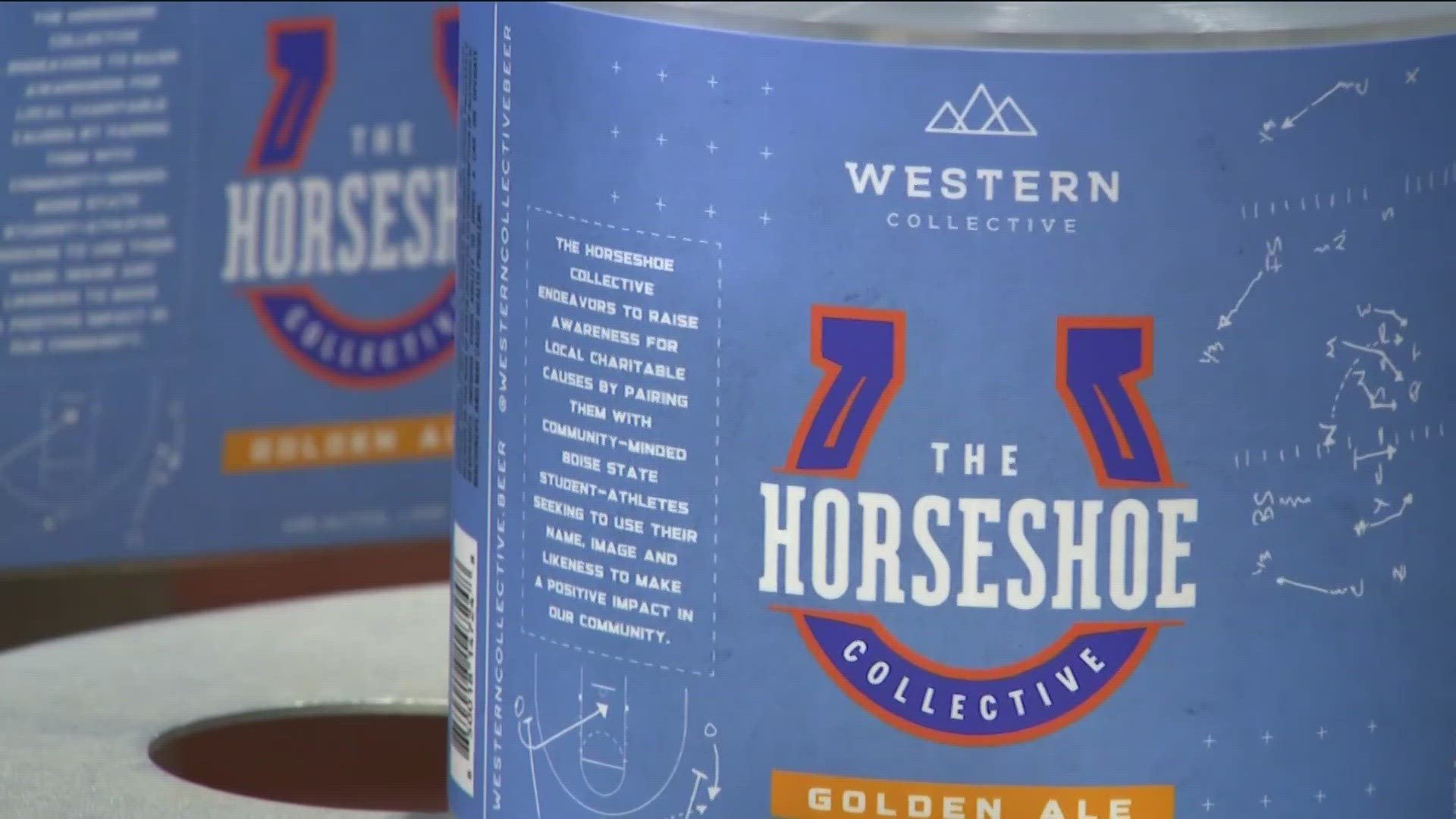 Proceeds from the Horseshoe Golden Ale will benefit Boise State athletes through The Horseshoe Collective. The can features plays drawn by Leon Rice and Andy Avalos.