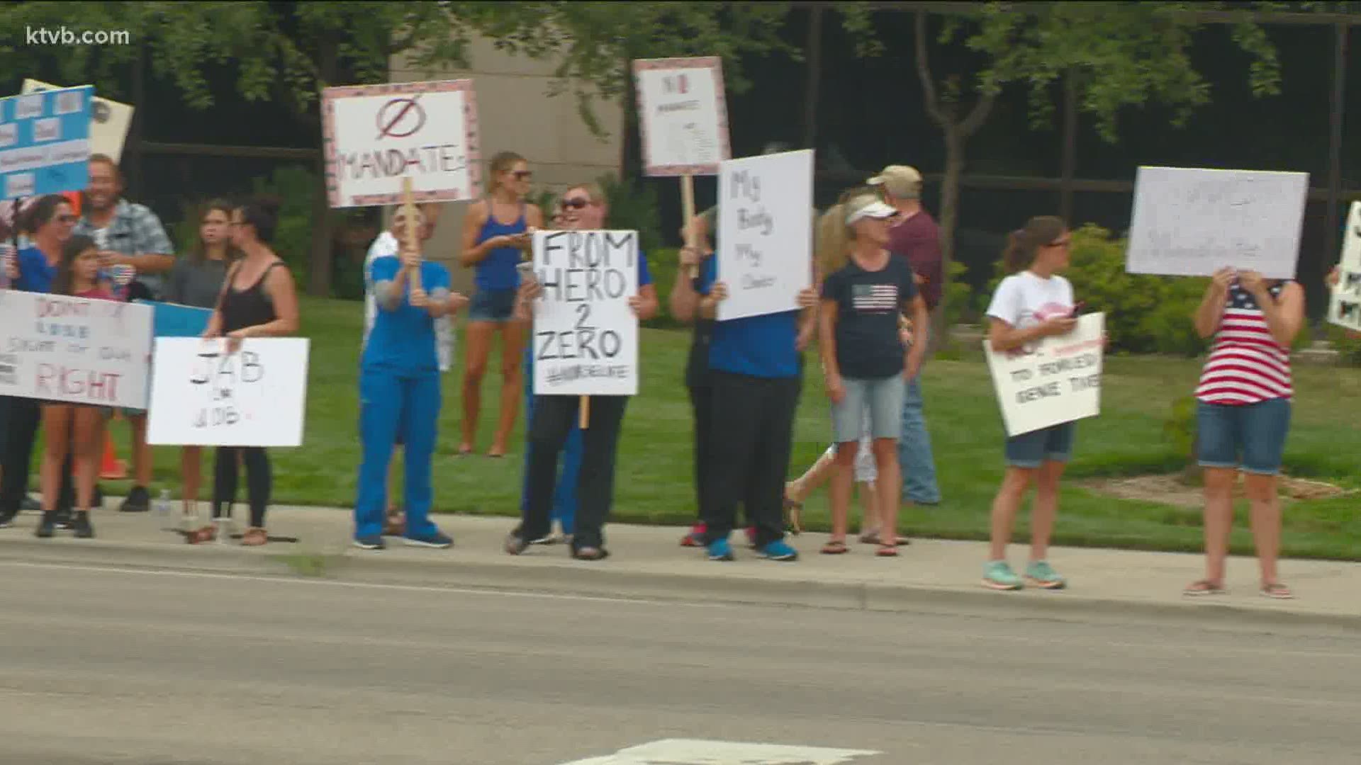 Protestors gathered for the second time in as many weeks to oppose required COVID-19 vaccinations for staff at St. Luke's, Saint Alphonsus, and Primary Health.