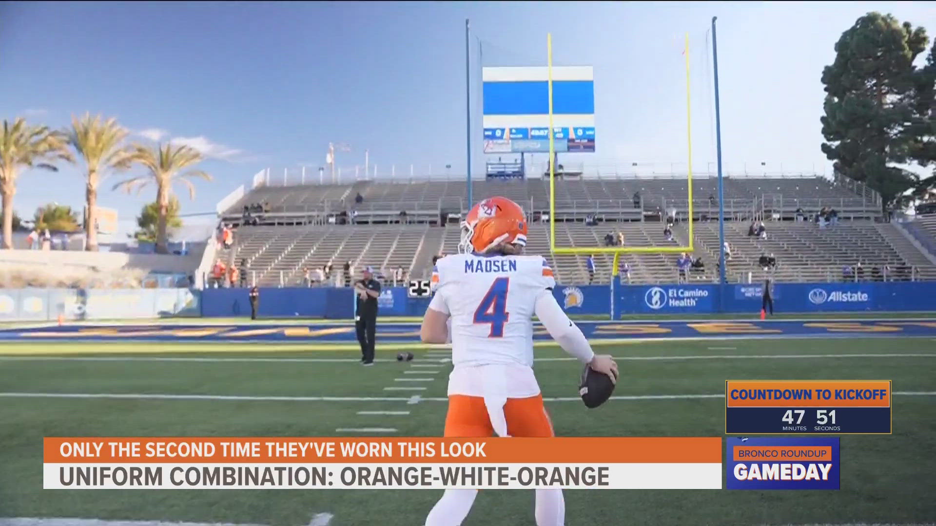 Boise State is wearing orange helmets, white jerseys and orange pants on Saturday for the first time since 2014 against Ole Miss. 