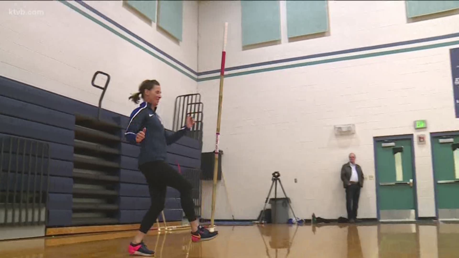 Stacy Dragila showed kids a modified version of pole vaulting, called stick jumping.