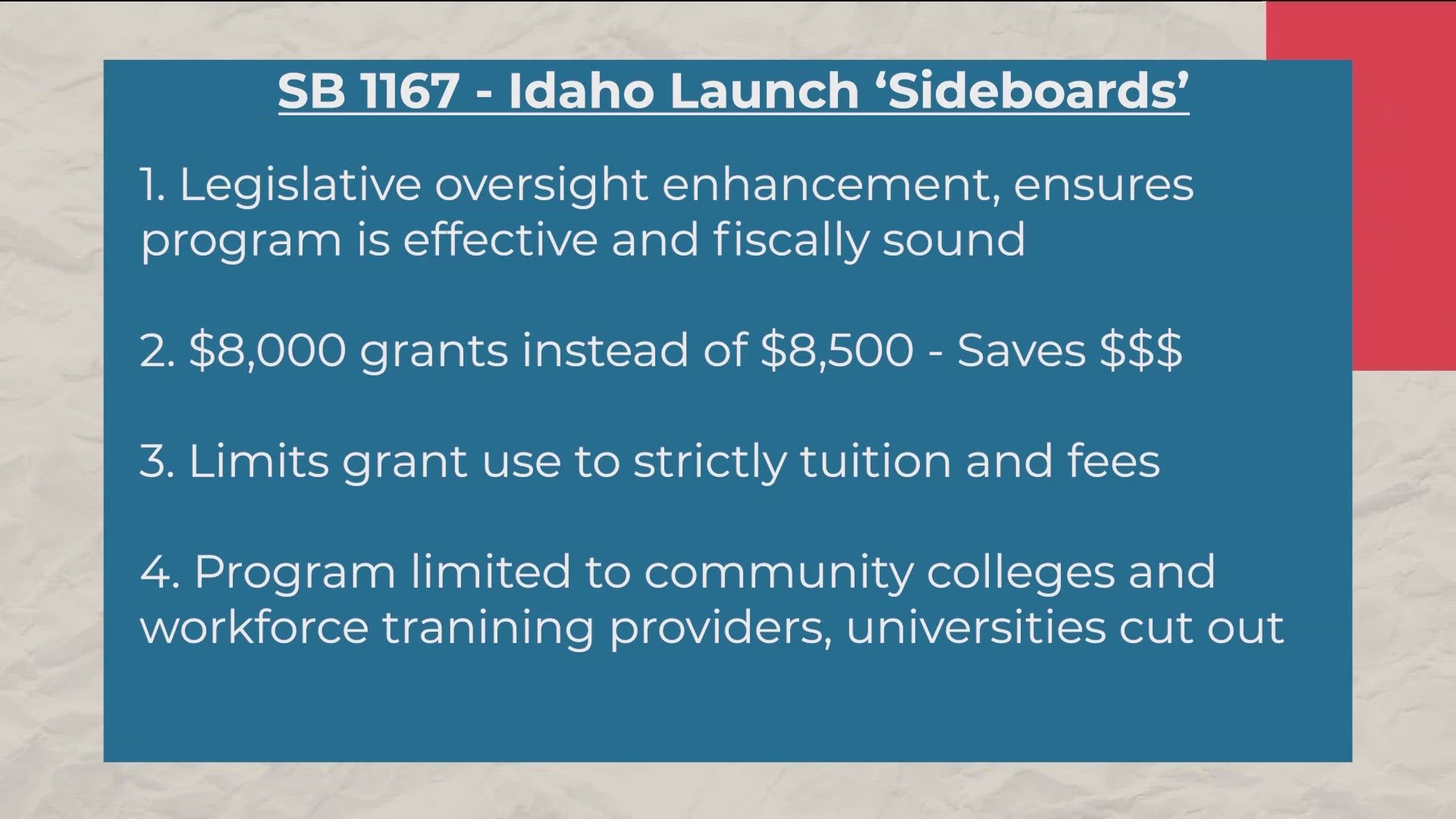 'Idaho Launch' has had some bumps in the road. A trailer bill adds restrictions.