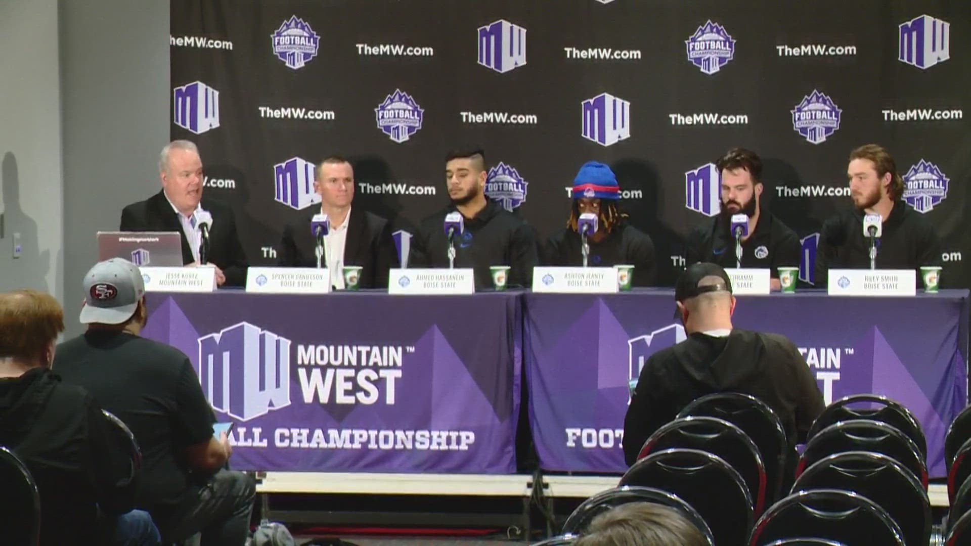 Interim head coach Spencer Danielson, DE Ahmed Hassanein, RB Ashton Jeanty, LB DJ Schramm and TE Riley Smith discuss Saturday's title bout in Las Vegas.