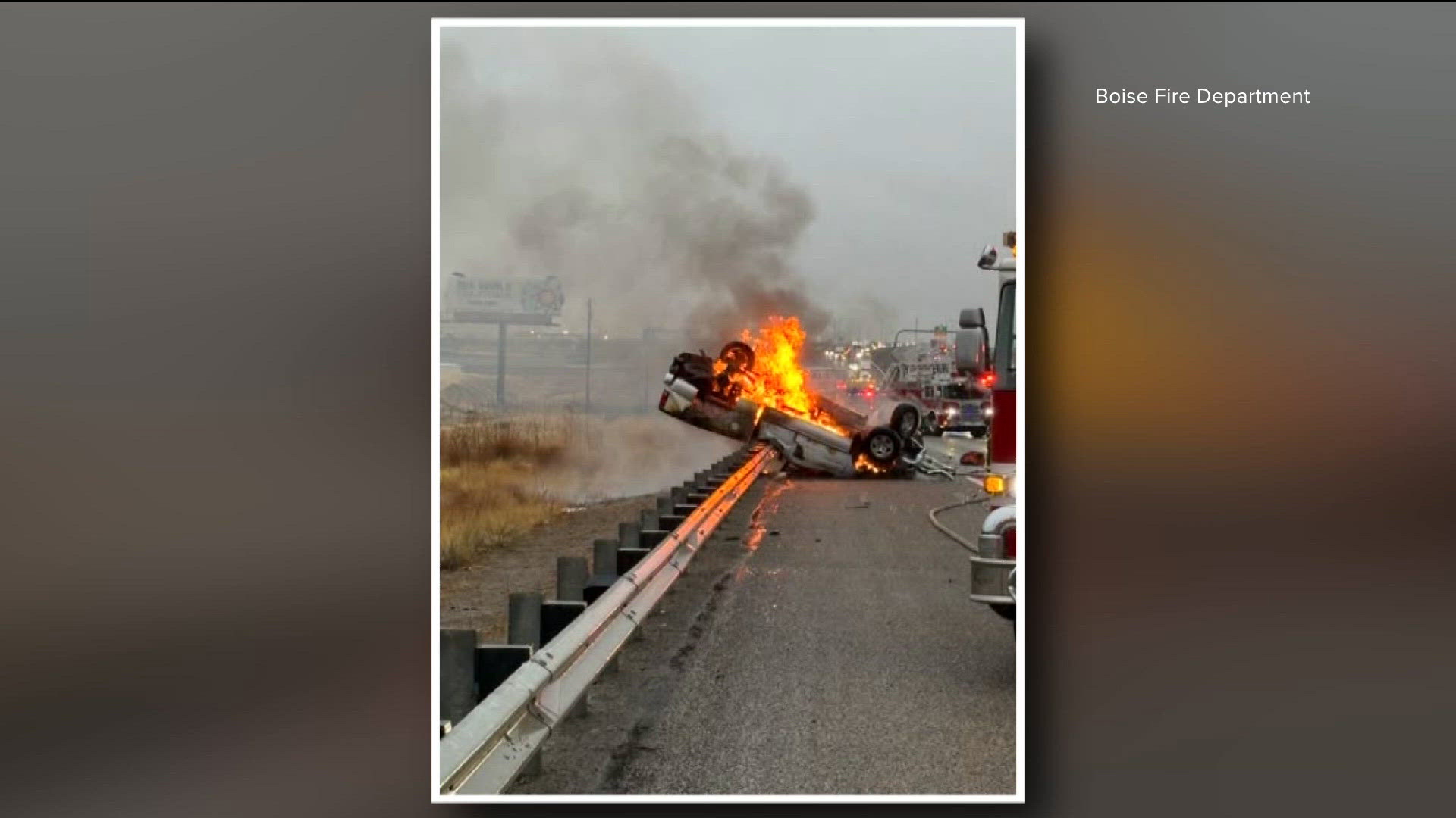 Truck catches on fire after rollover crash on I-84 in Boise | ktvb.com