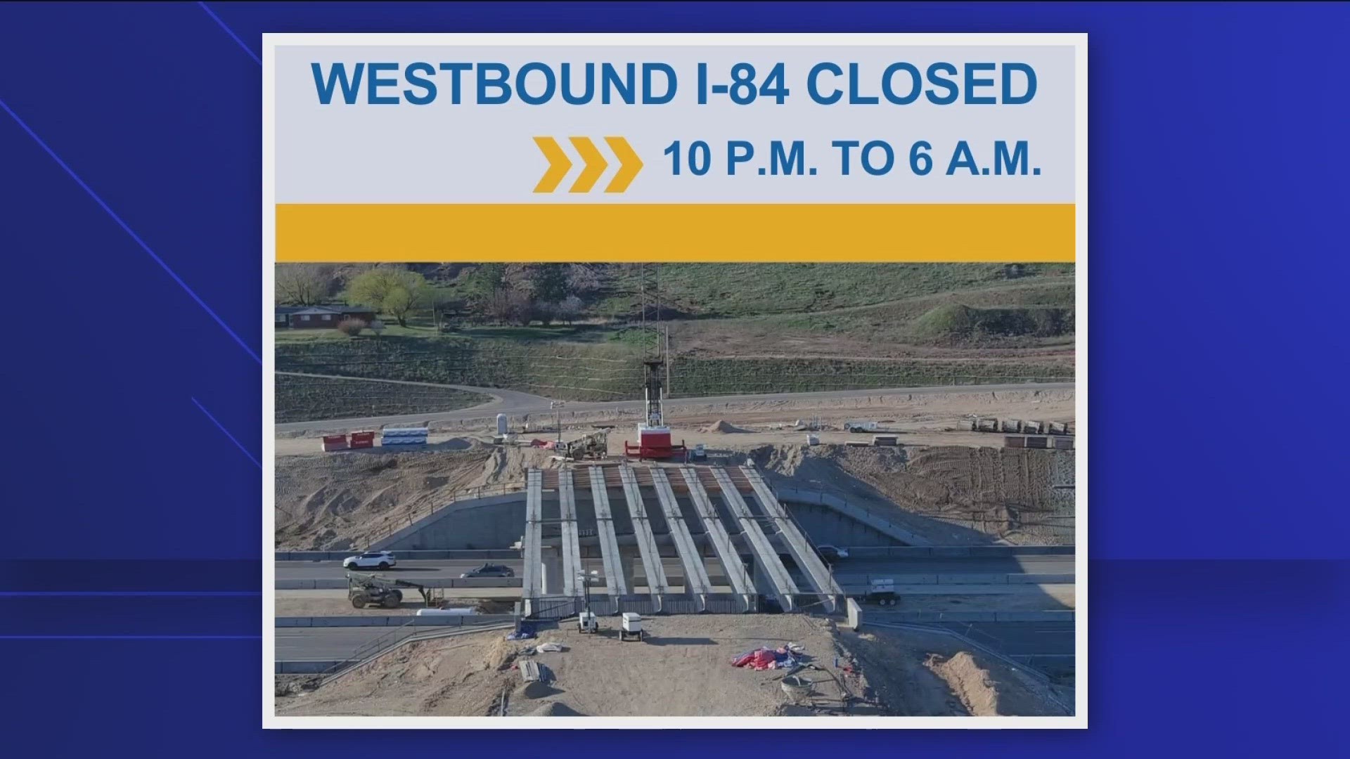 Lanes will be closed between Ten Mile Road and Garrity Boulevard until 6 a.m. Friday for construction of the future I-84 and State Highway 16 interchange.