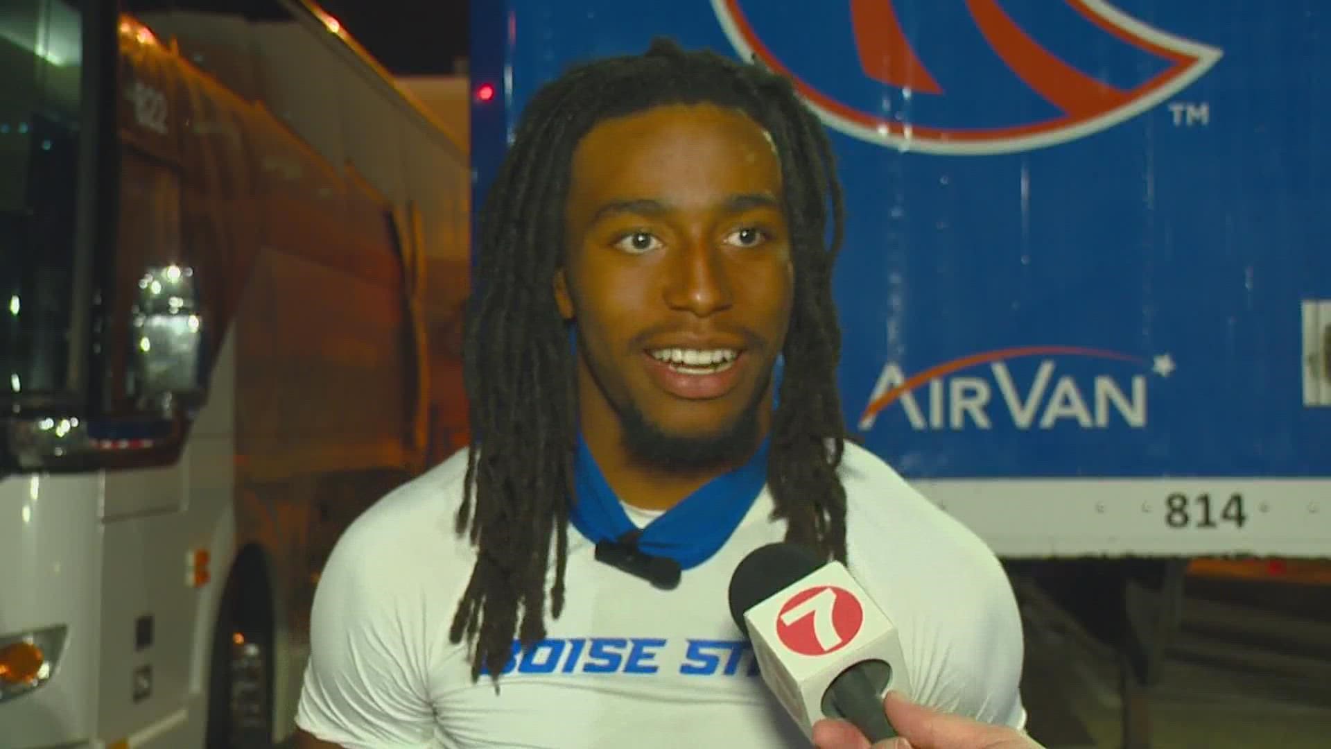 Caples meets with the media after reeling in two touchdowns in Boise State's 31-14 win over New Mexico Friday night.
