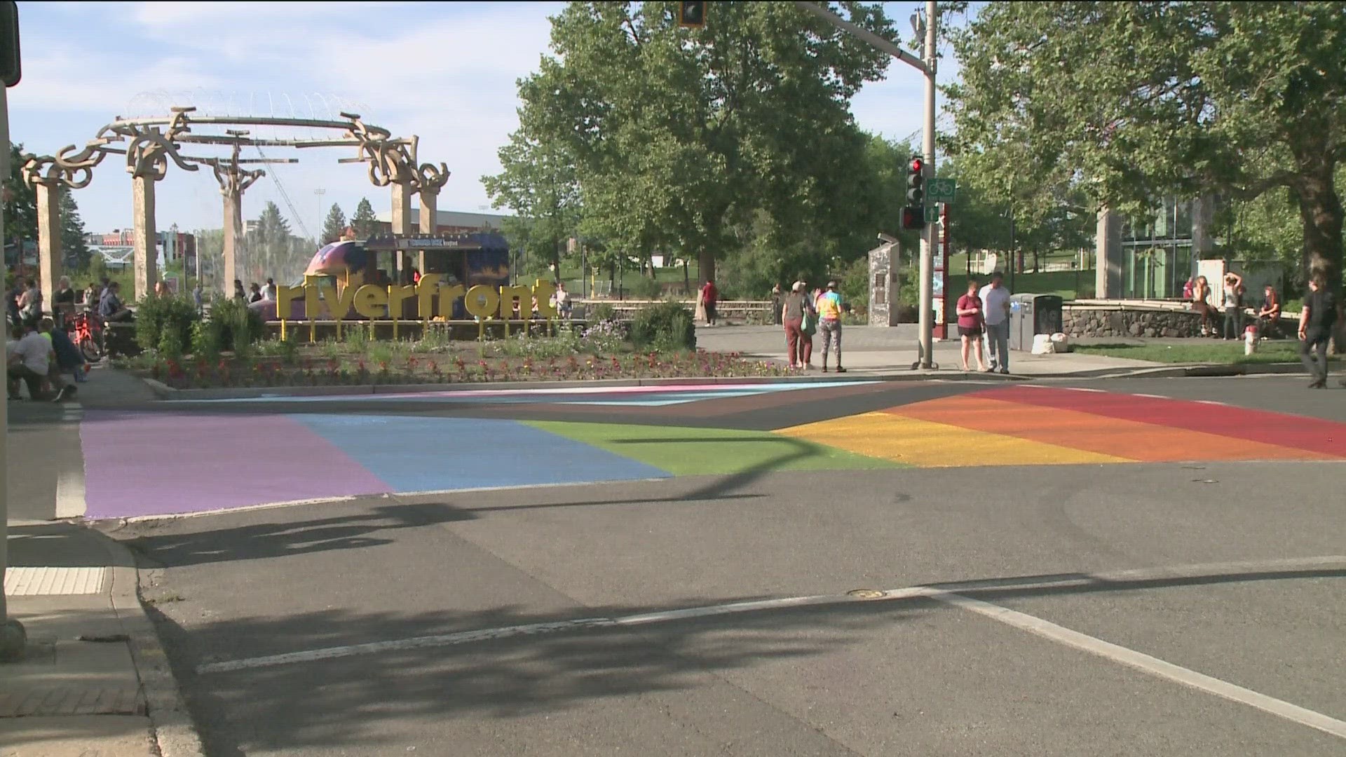 The mural, which features a large Pride flag, was painted directly on the street surface at the intersection of Spokane Falls Boulevard and Howard Street.