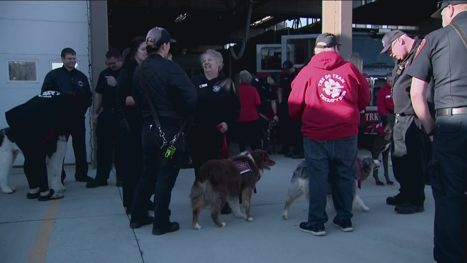 Go Team Therapy Dogs, and their handlers, visited Caldwell firefighters to relieve stress. They travel around Idaho to provide joy and comfort.