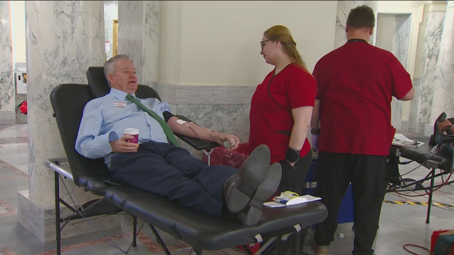 Idaho Gov. Brad Little and Secretary of State Phil McGrane were among state leaders who donated blood on Tuesday. March is Red Cross Month in Idaho.