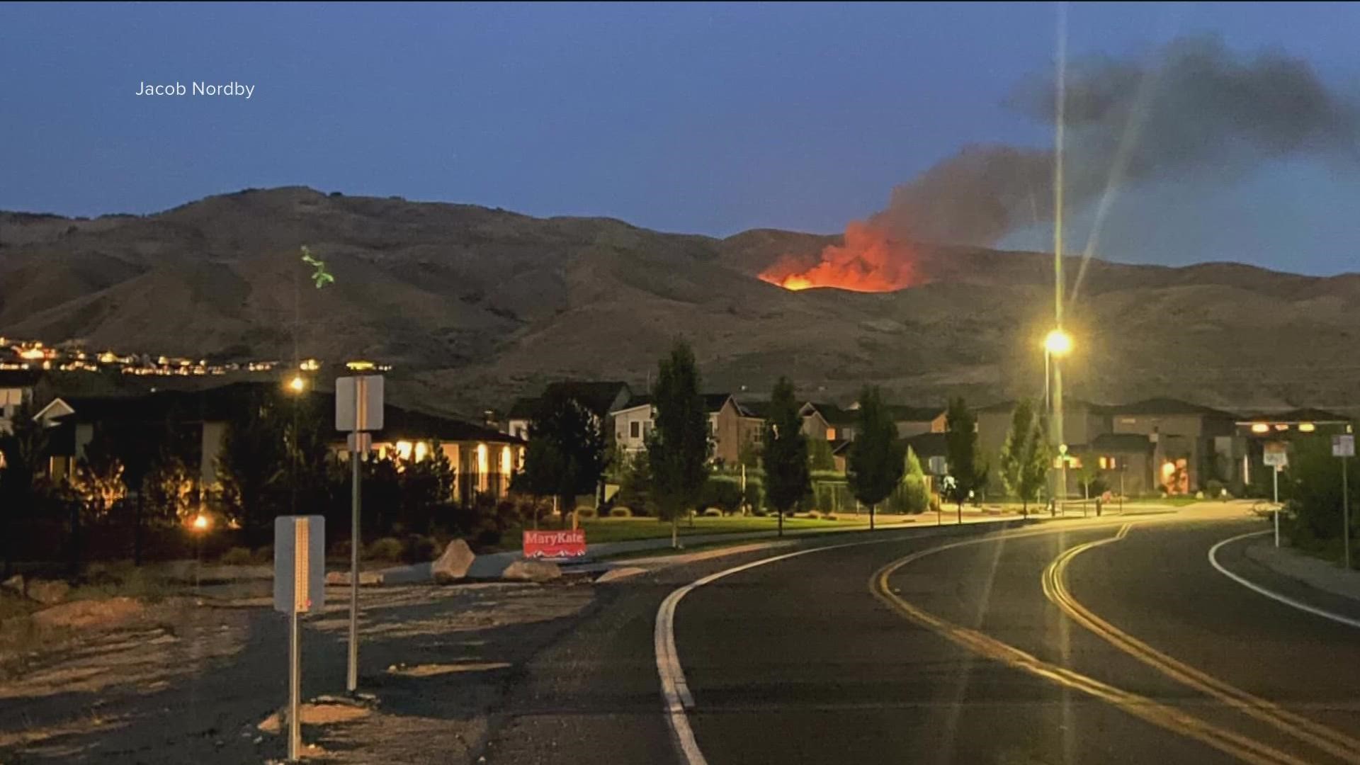 The fire burned Tuesday evening above Warm Springs Road near Council Springs, northeast of downtown Boise.