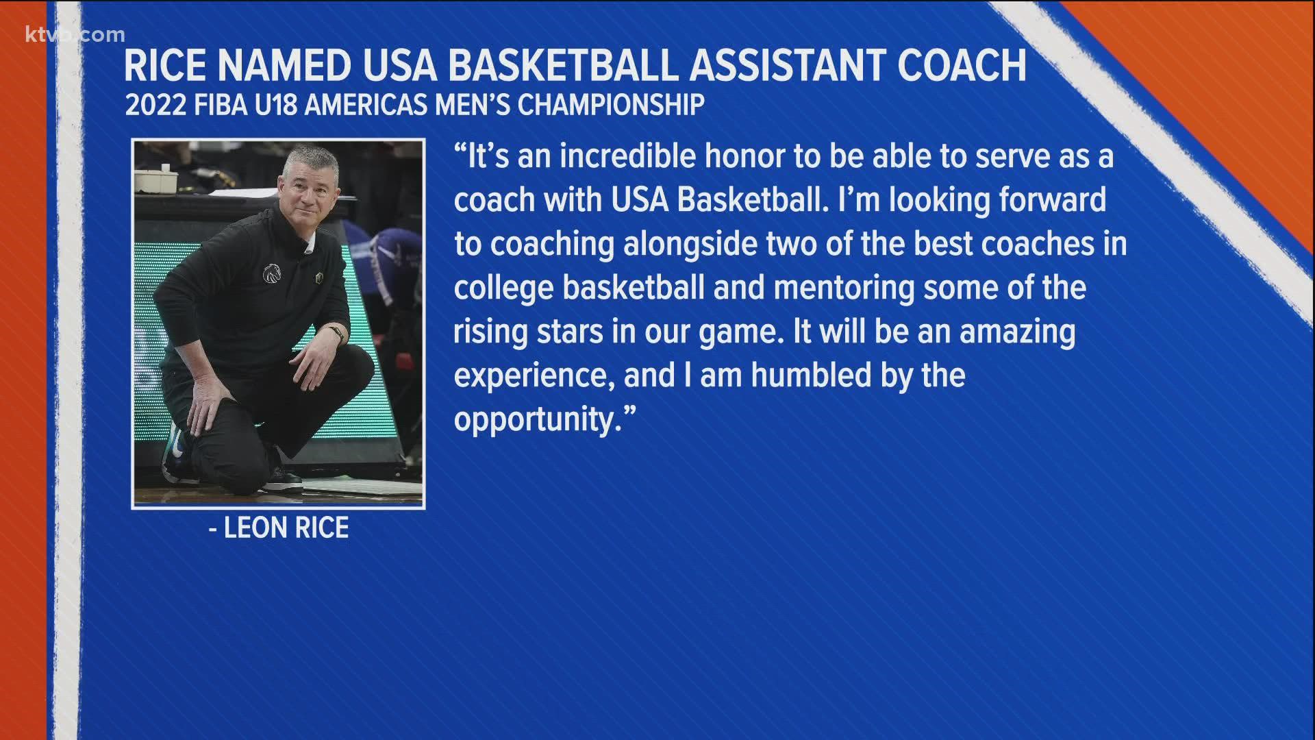 Rice was selected by the USA Basketball Men's Junior National Team Committee. The team will compete at the 2022 FIBA U18 Americas Men's Championship.