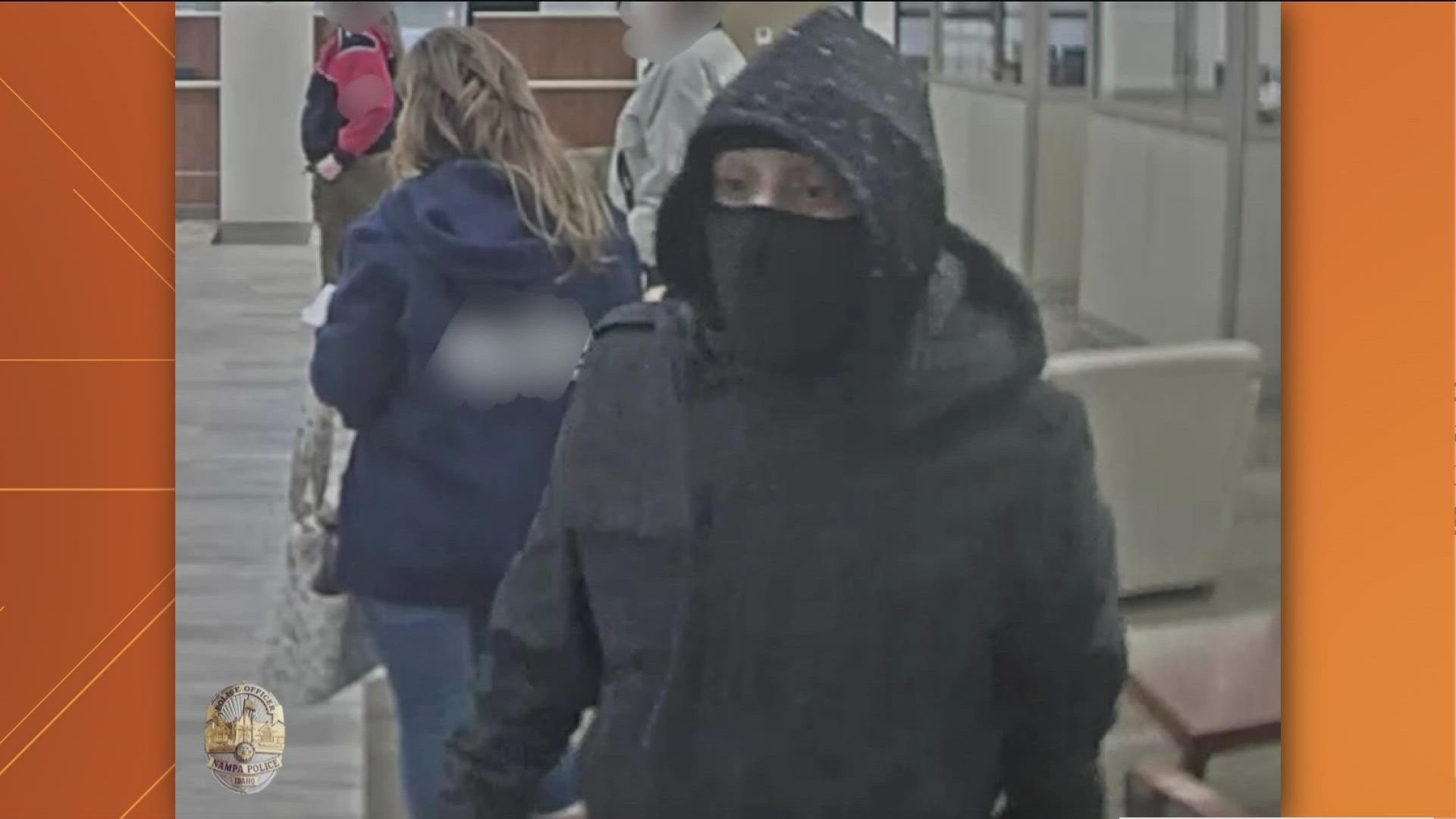Nampa Police said the man stole a vehicle warming outside of a residence Tuesday morning and took a deposit bag with cash from a person in a credit union nearby.