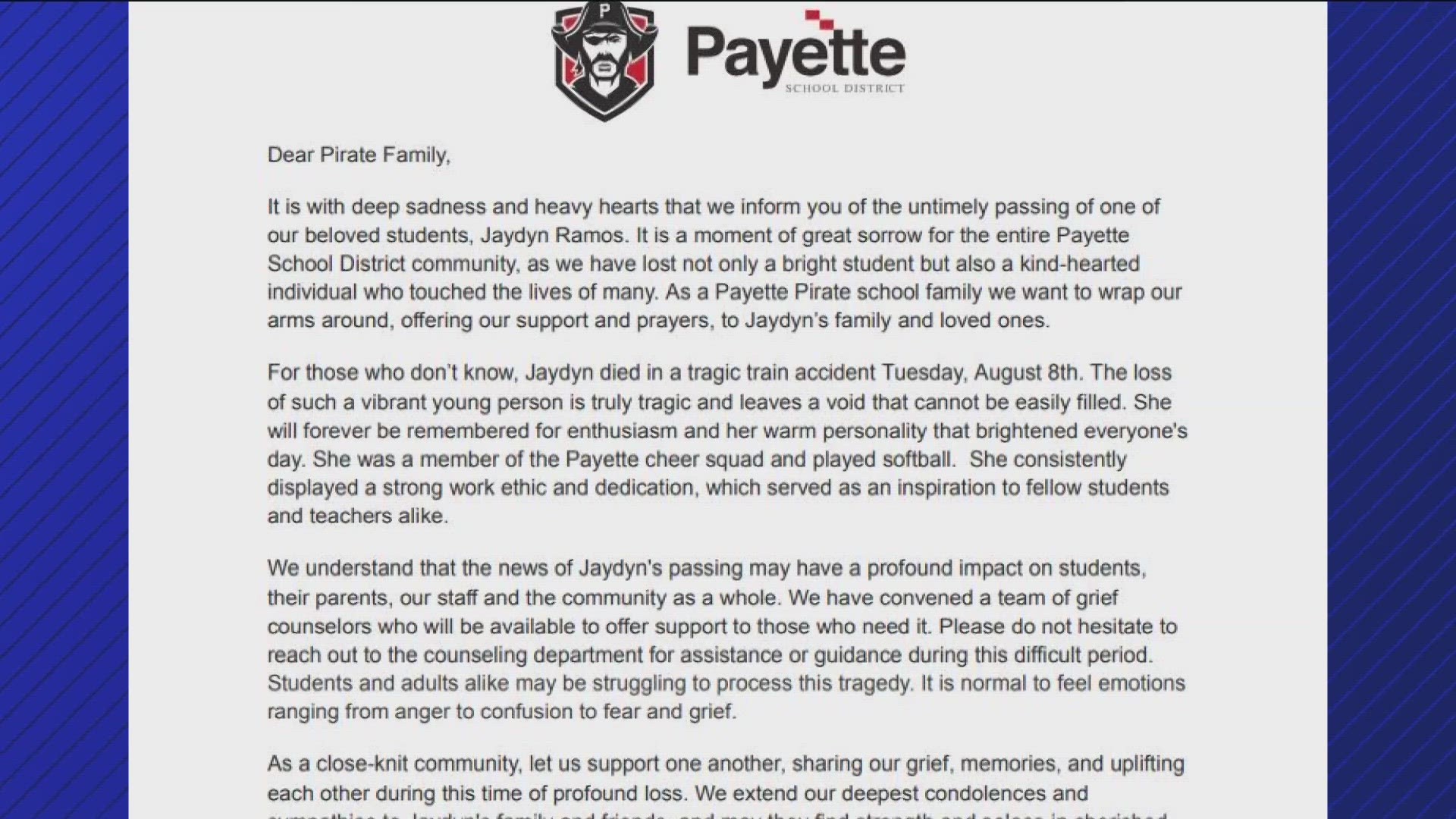 The district put out a letter about Jayden Ramos' passing.