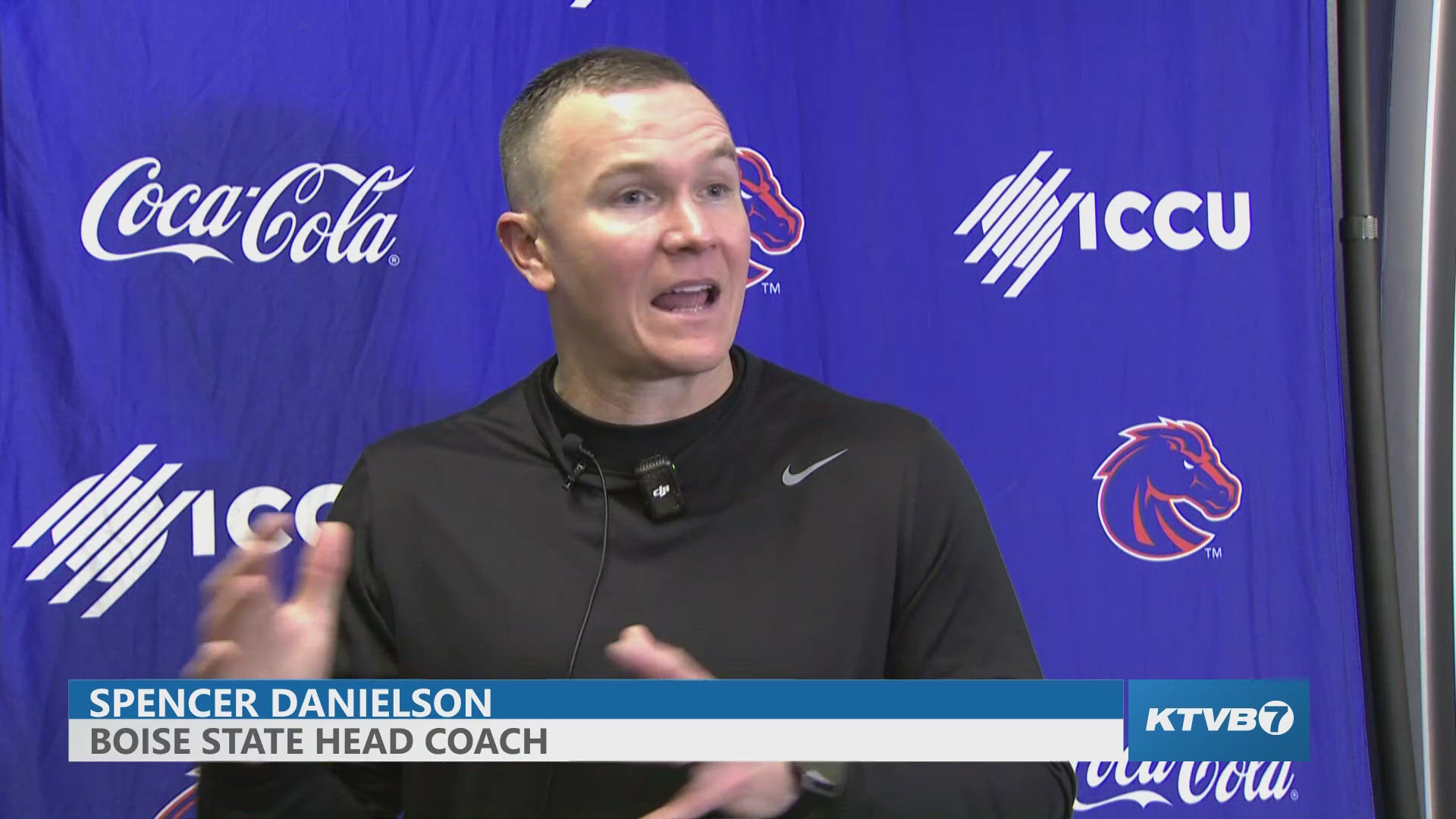 Boise State head coach Spencer Danielson, DB Ty Benefield and QB Max Cutforth speak to the media after the game.