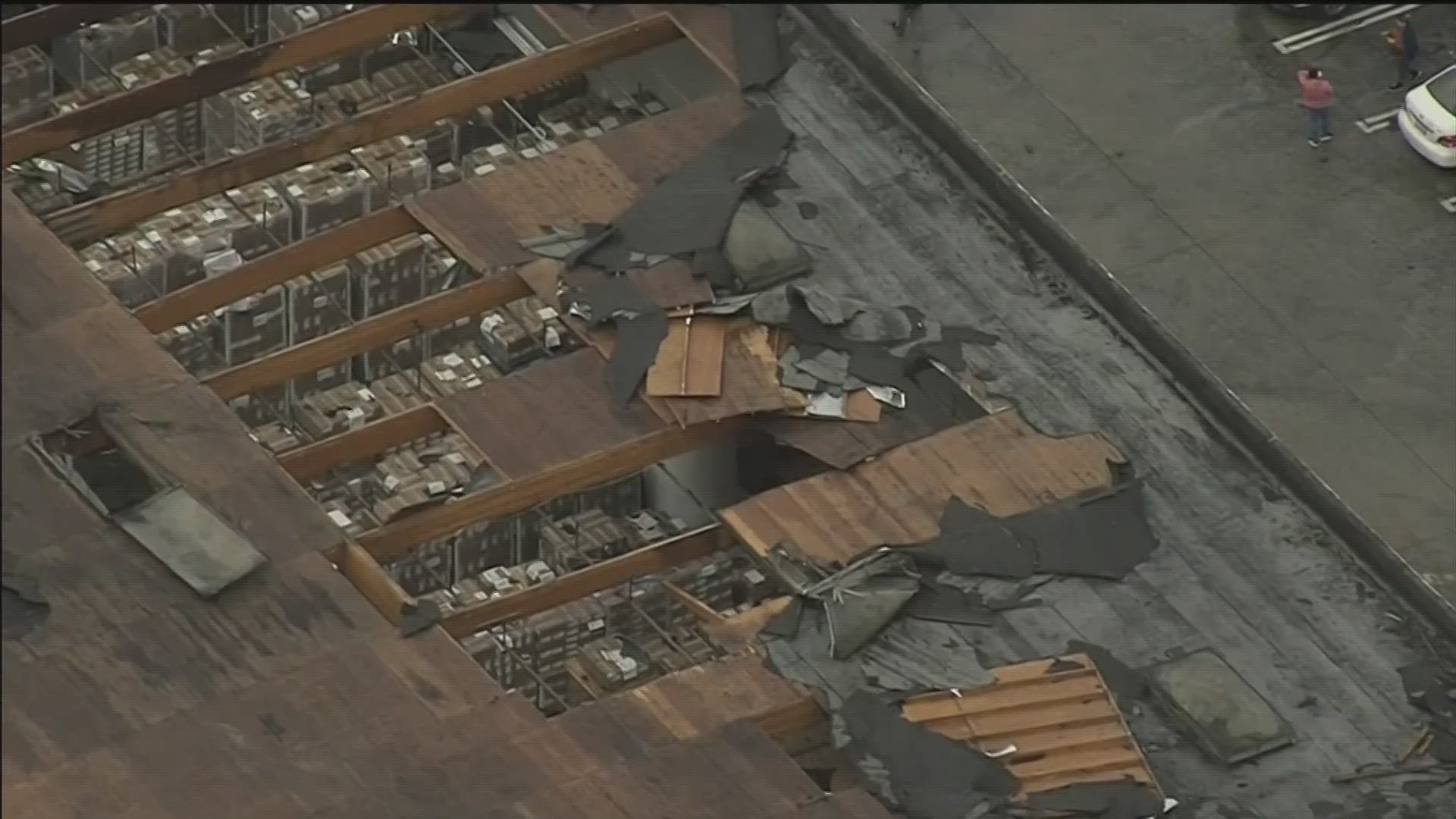 A rare tornado left a line of damage across roofs of commercial buildings in the Los Angeles suburb of Montebello.