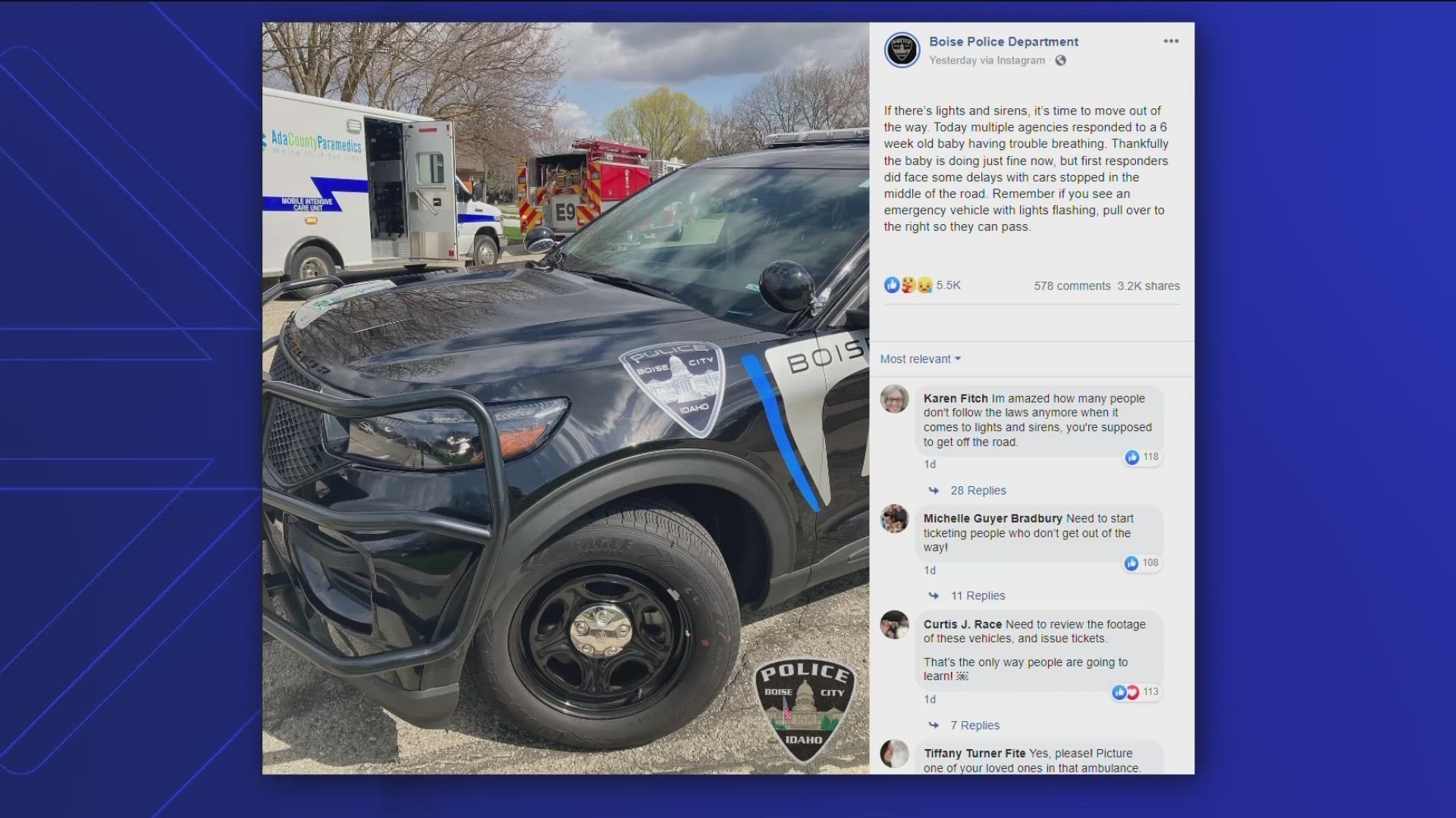 While responding to a six-week old baby with breathing issues, Boise Police said responders faced delays due to cars stopped in the middle of the road.