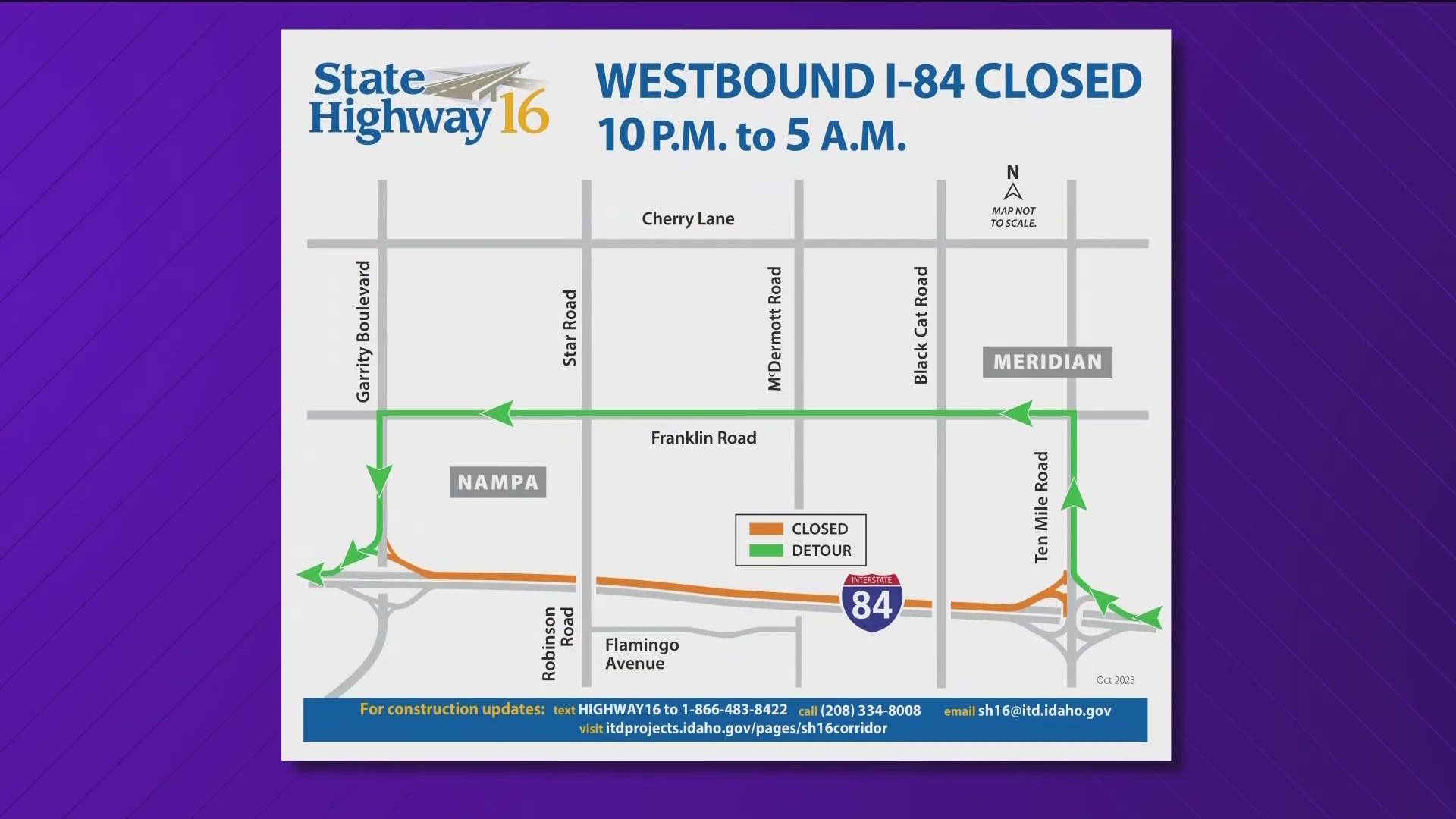 On Wednesday night, motorists in southwest Idaho should plan for a full closure of westbound Interstate 84 between the Garrity and Ten Mile interchanges.
