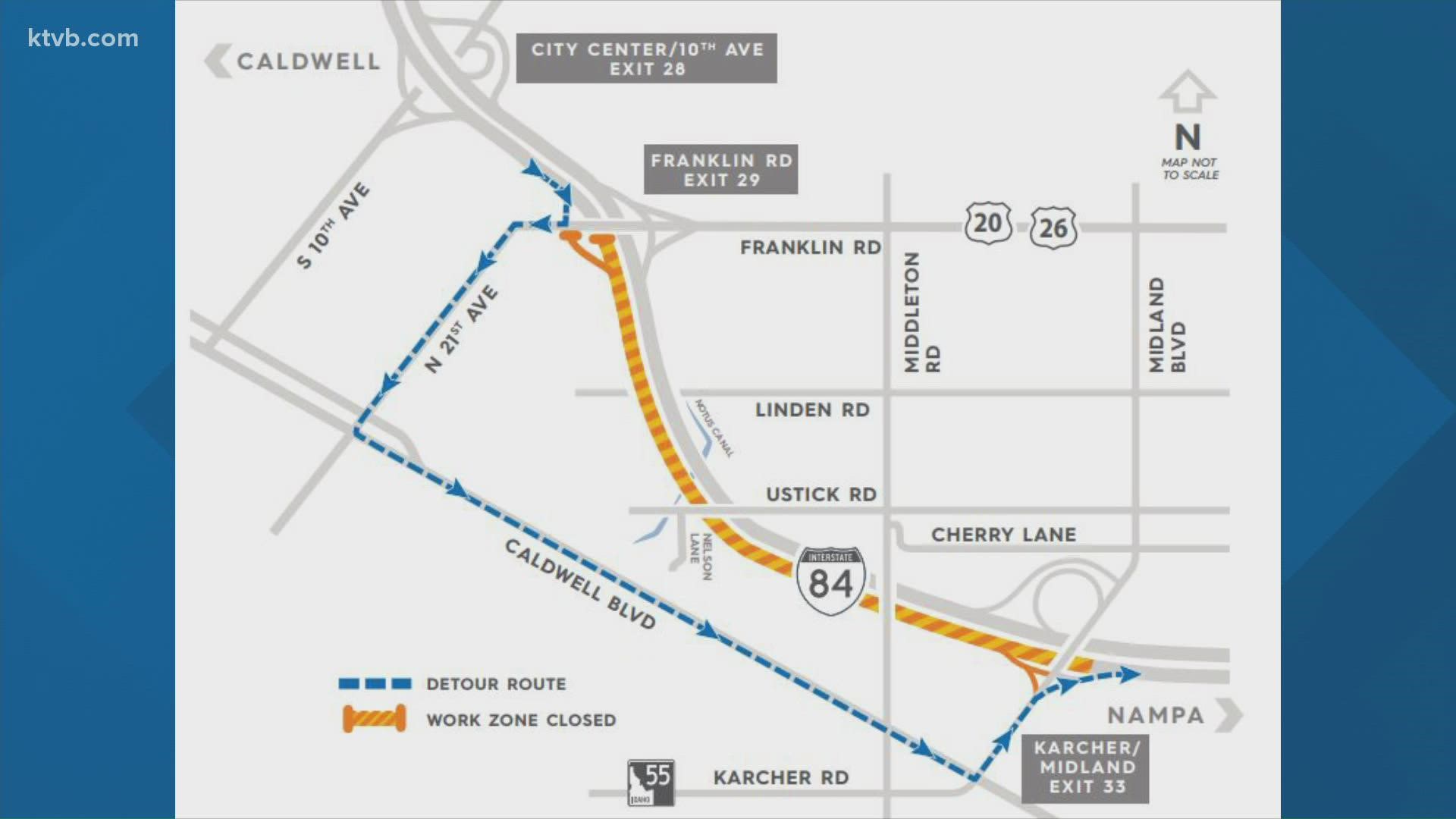 I-84 traffic will be shifted overnight to Nampa-Caldwell Boulevard Friday between the Franklin Road and Karcher Road exits.