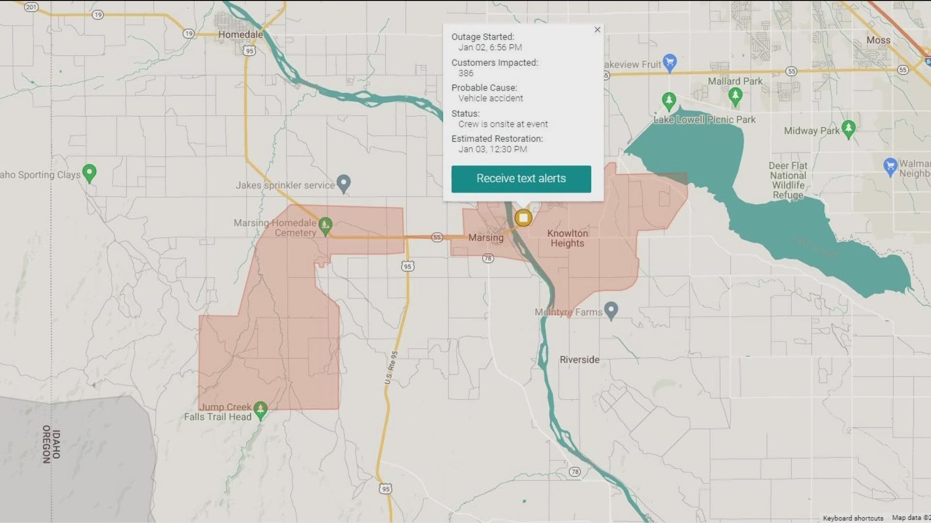 Idaho Power said a car crash caused the outage and are hoping to have it fixed by Jan. 3 at 12:30 p.m.