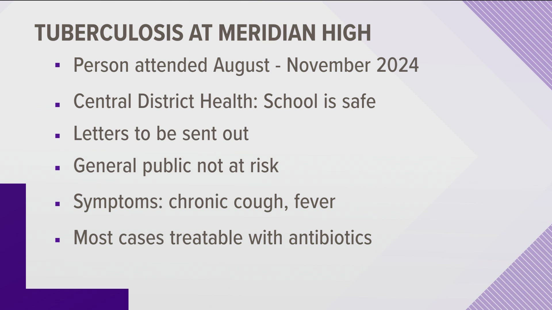 At least one person at Meridian High School was diagnosed with tuberculosis and Central District Health is investigating if any transmission might have occurred.