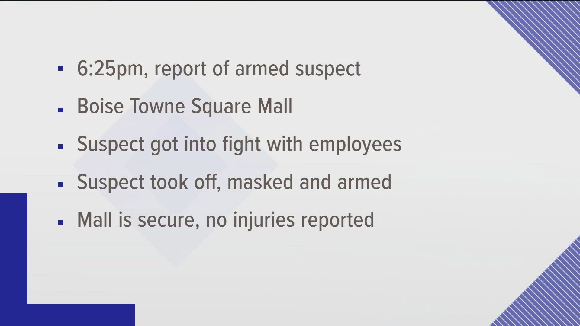 Police reported that there were no injuries, and the scene has been cleared. Witnesses reported seeing the suspect run away while wearing a mask and holding a knife.