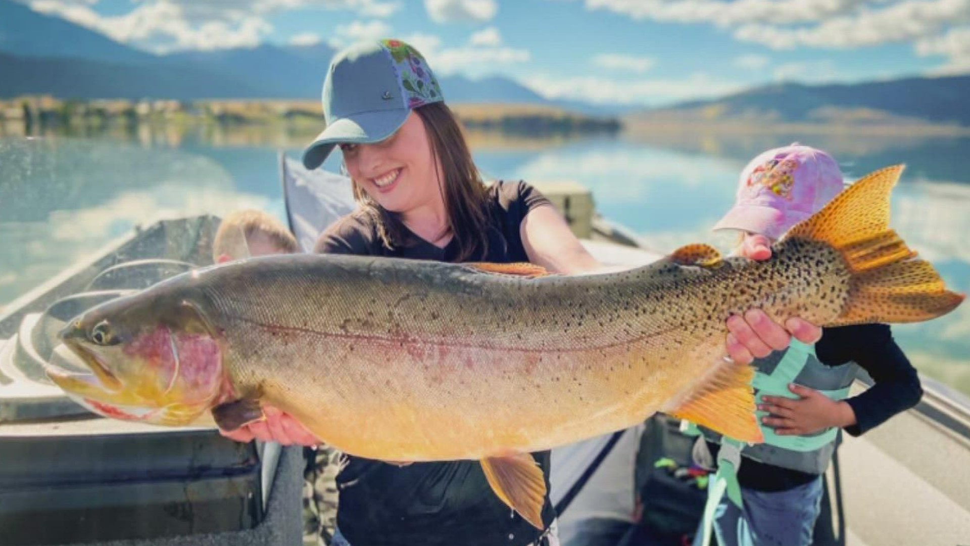 Hailey Thomas reeled in the 36-inch monster rainbow/cutthroat trout hybrid while fishing at Henrys Lake on Oct. 4.