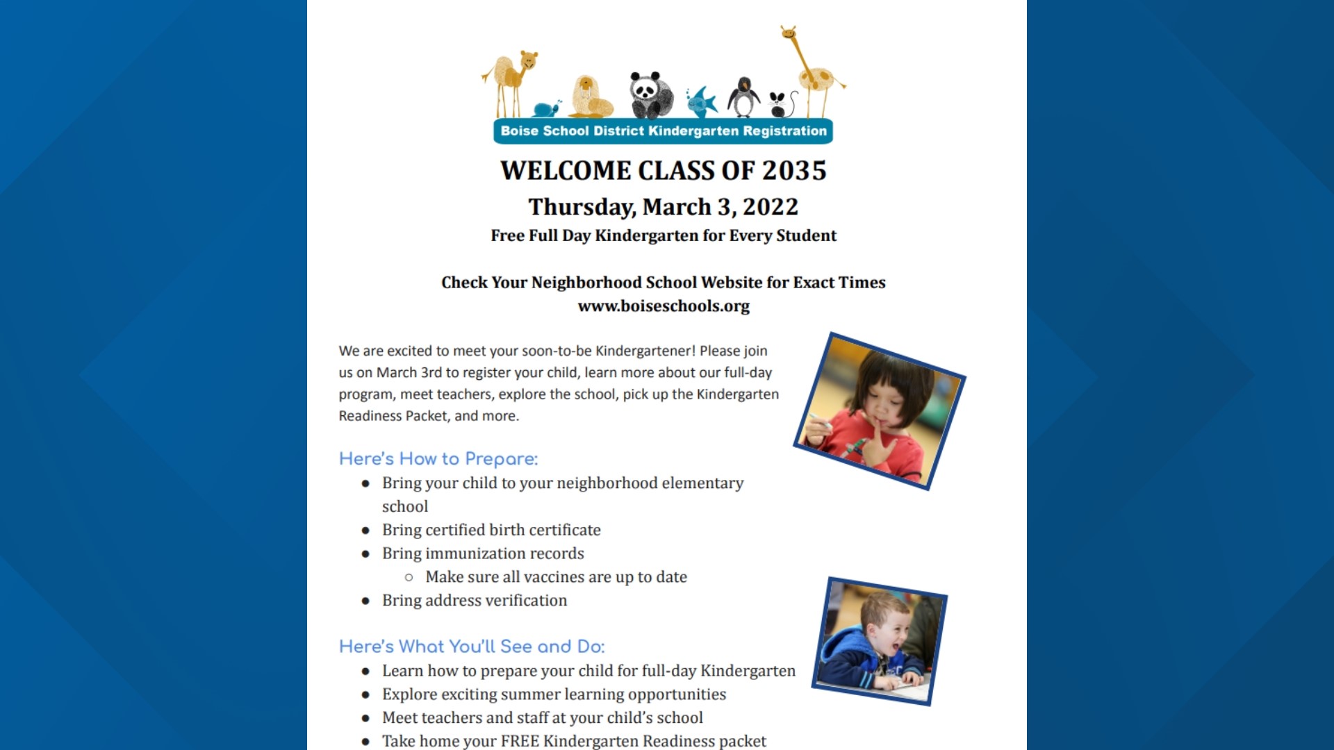 Boise School District kindergarten registration Thursday